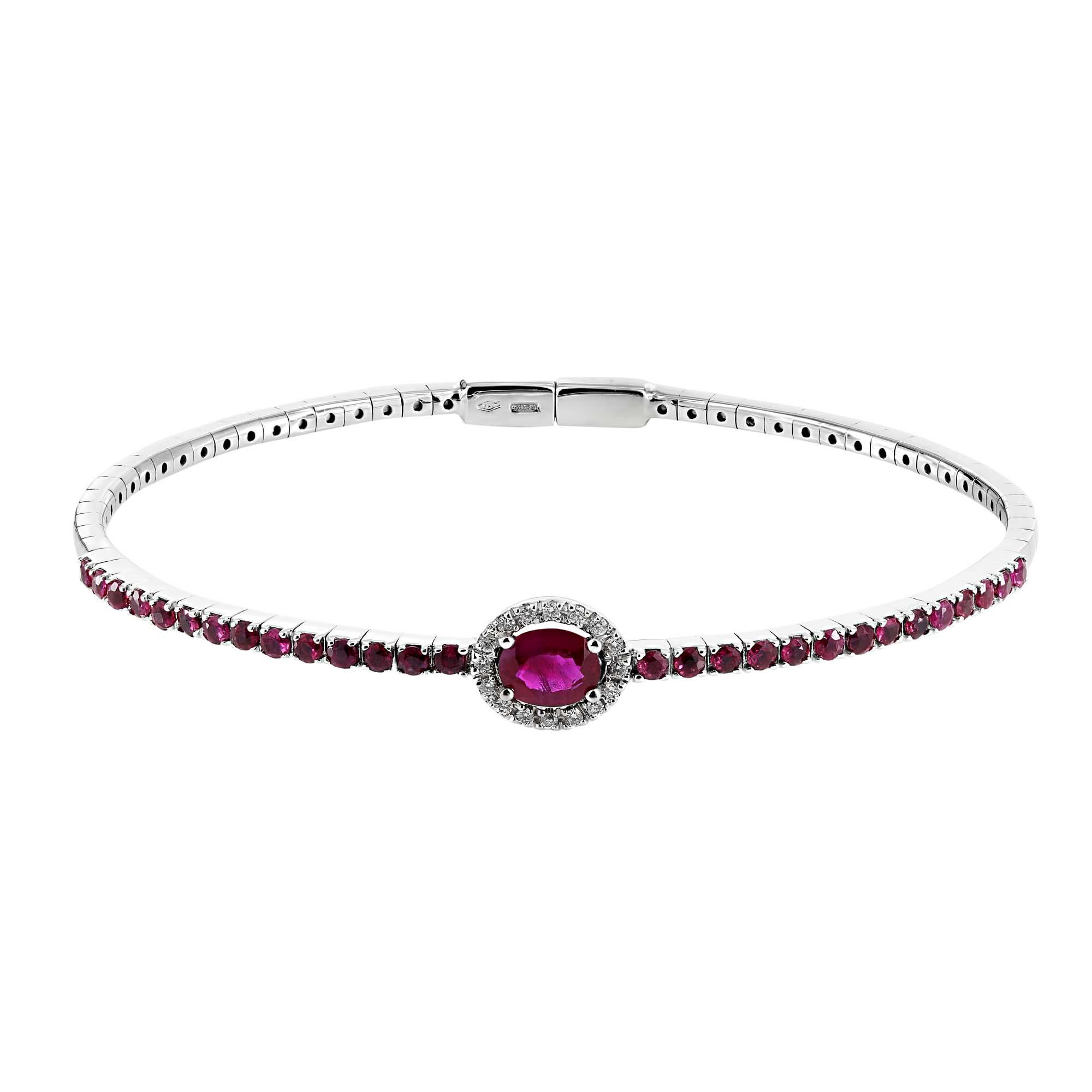 London Collection 18k White Gold White Diamond and Ruby Bangle Bracelet