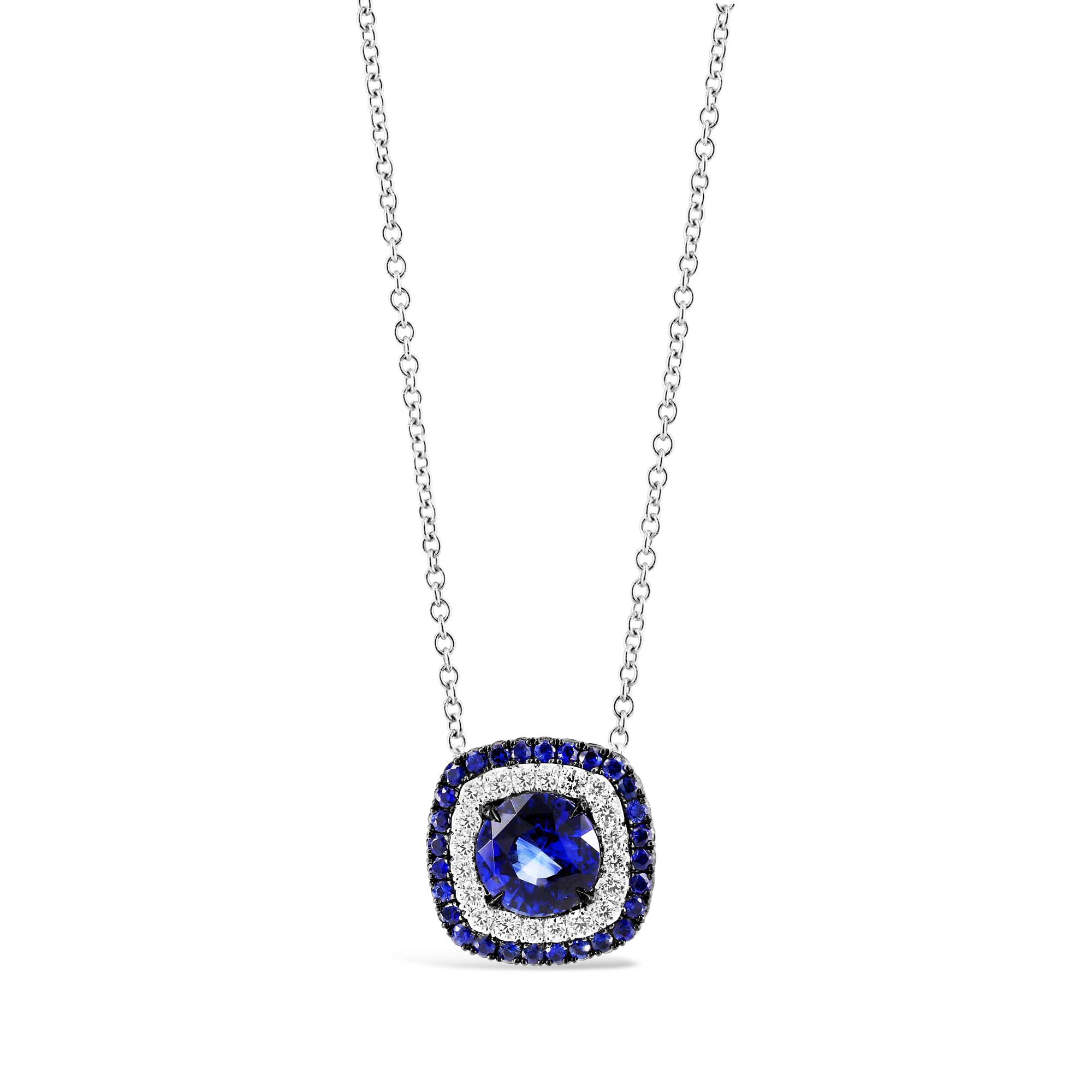 London Collection 18k White Gold Blue Sapphire & Diamond Halo Pendant Necklace