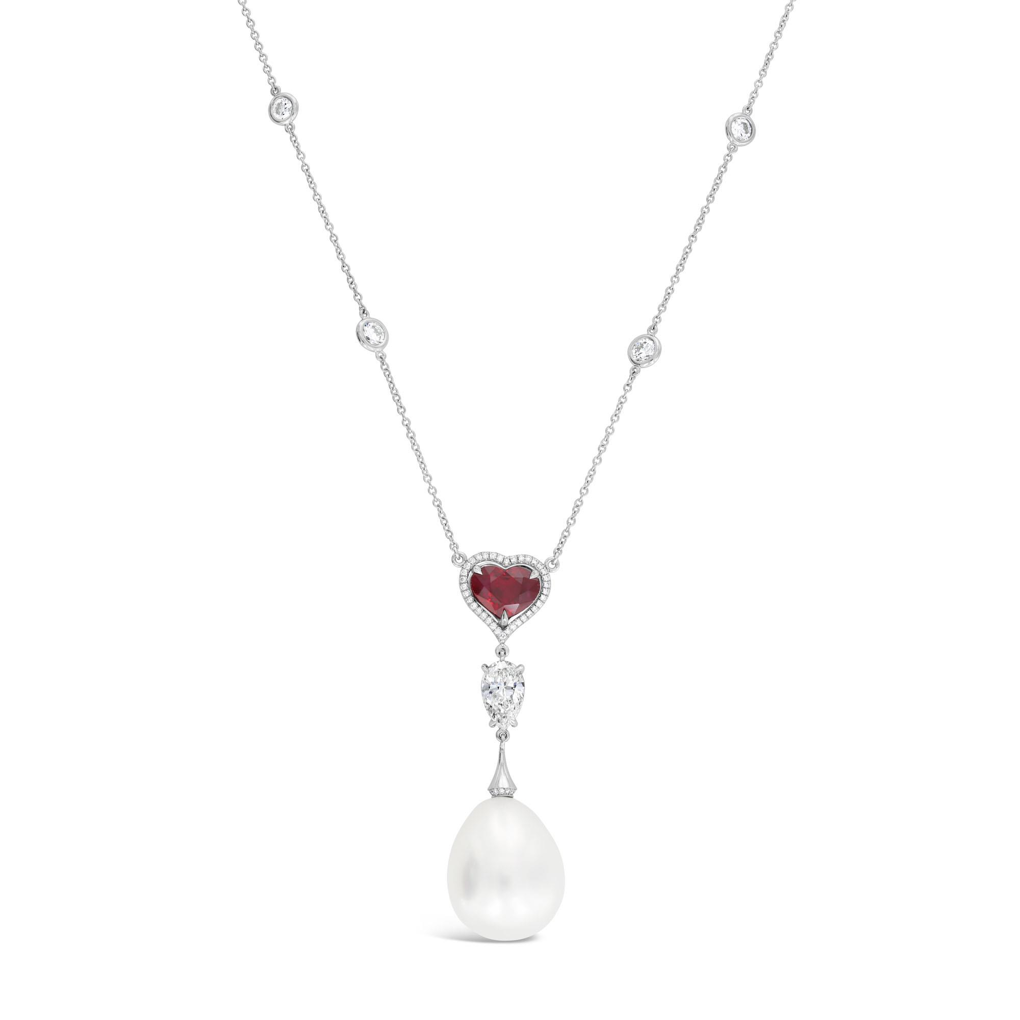 London Collection Platinum Ruby and Pearl Diamond by the Yard Necklace