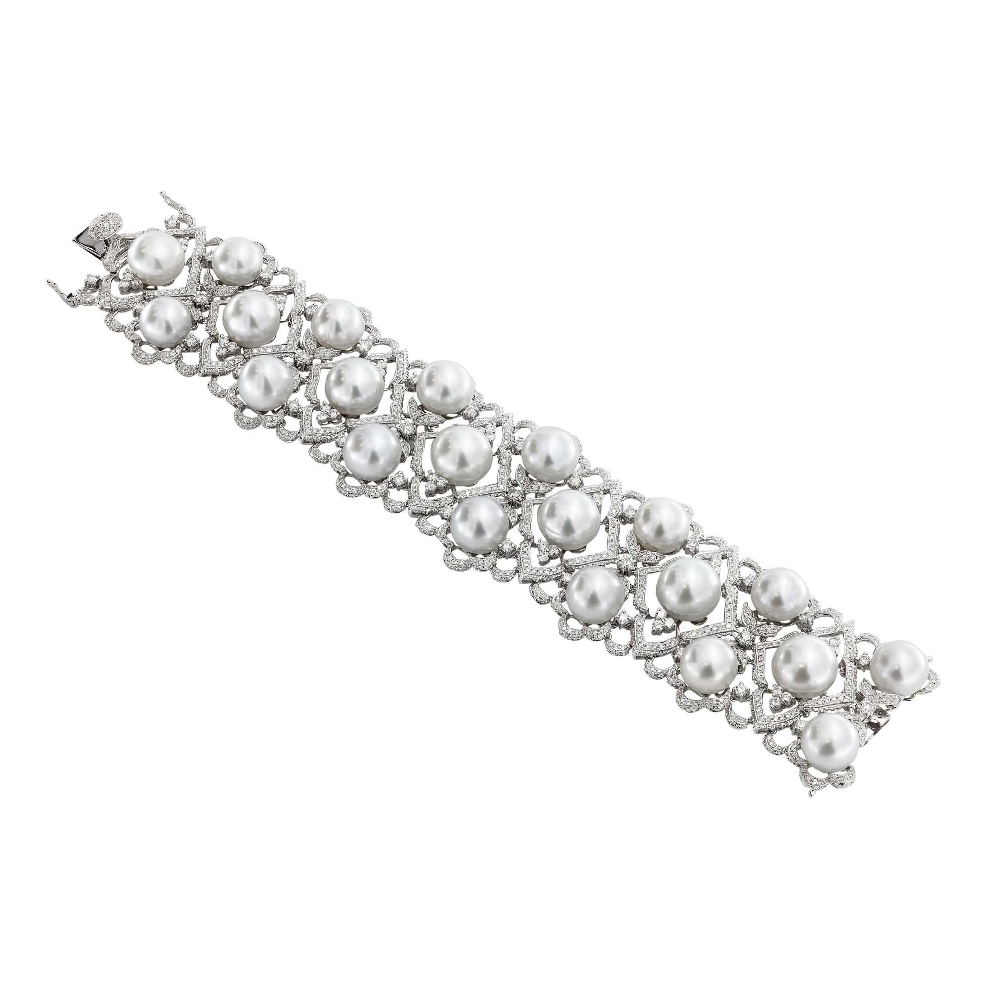 London Collection 18k White Gold 3 Row Diamond and Pearl Bracelet