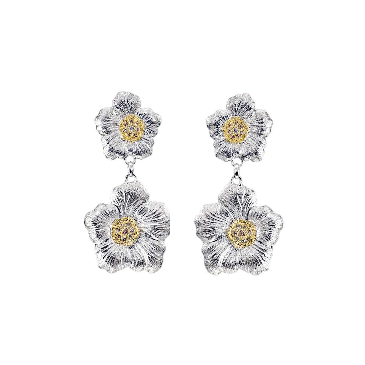 Buccellati Blossoms Diamond Two Tone Gardenia Drop Earrings