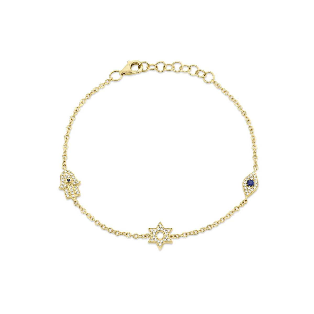 London Collection 14k Yellow Gold Diamond Hamsa Evil Eye and Star Station Bracelet