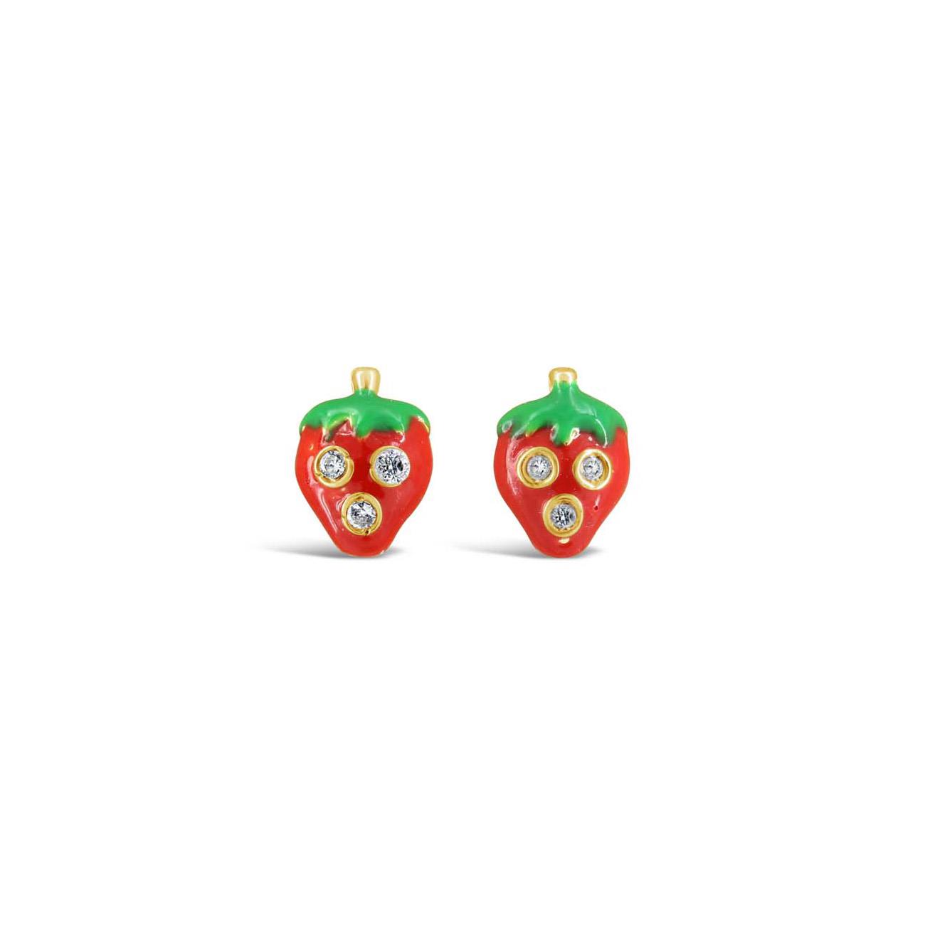 London Collection 14k Yellow Gold Red and Green Enamel Strawberries with Cubic Zirconia Stud Earrings