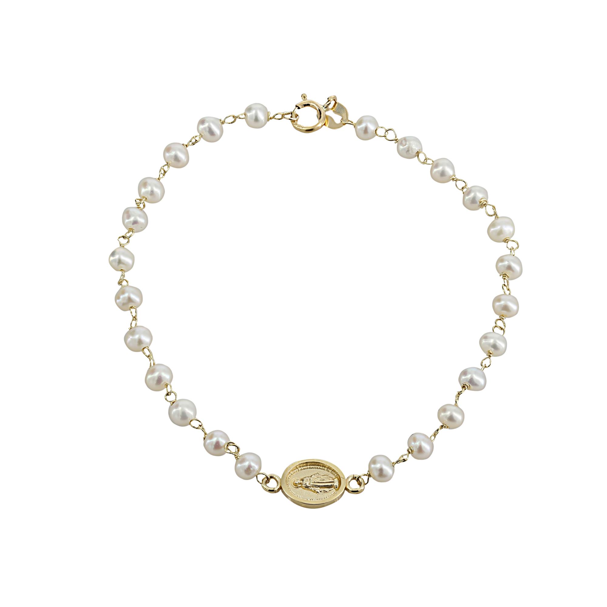 London Collection 14k Yellow Gold Miraculous Medal and Pearl 6" Bracelet.