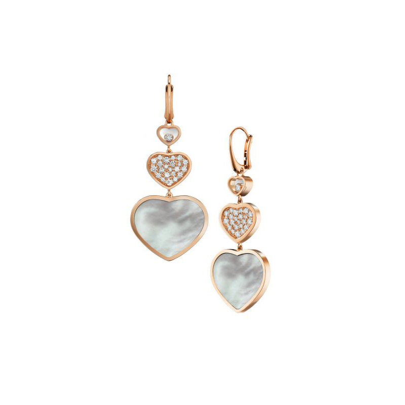 Chopard Happy Hearts 18k Rose Gold Diamond and Mother of Pearl Triple Heart Hanging Earrings