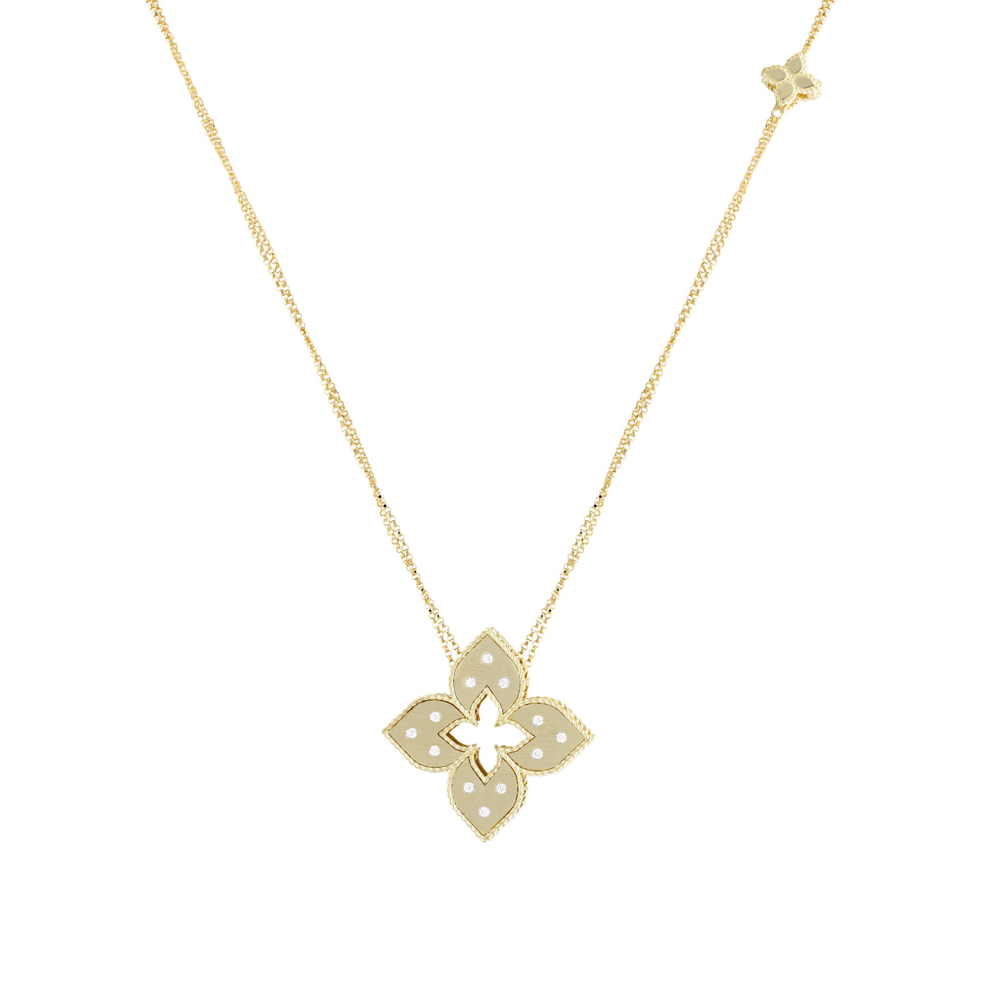 Roberto Coin Venetian Princess 18k Yellow and White Gold Diamond 2 Flower Necklace