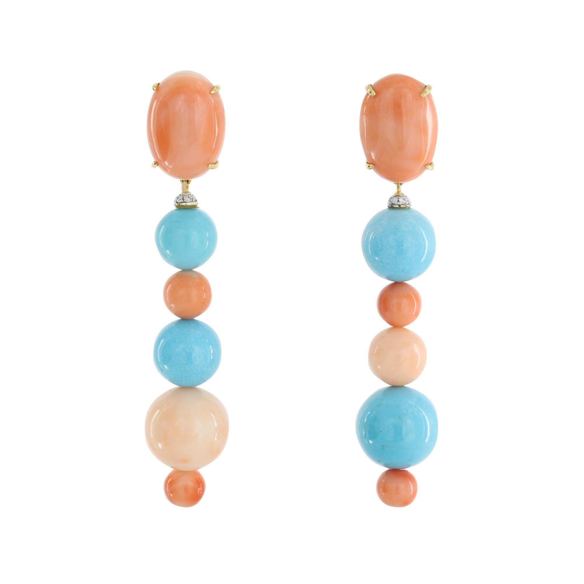 London Collection 18k Gold Coral and Turquoise Dangle Clip Earrings