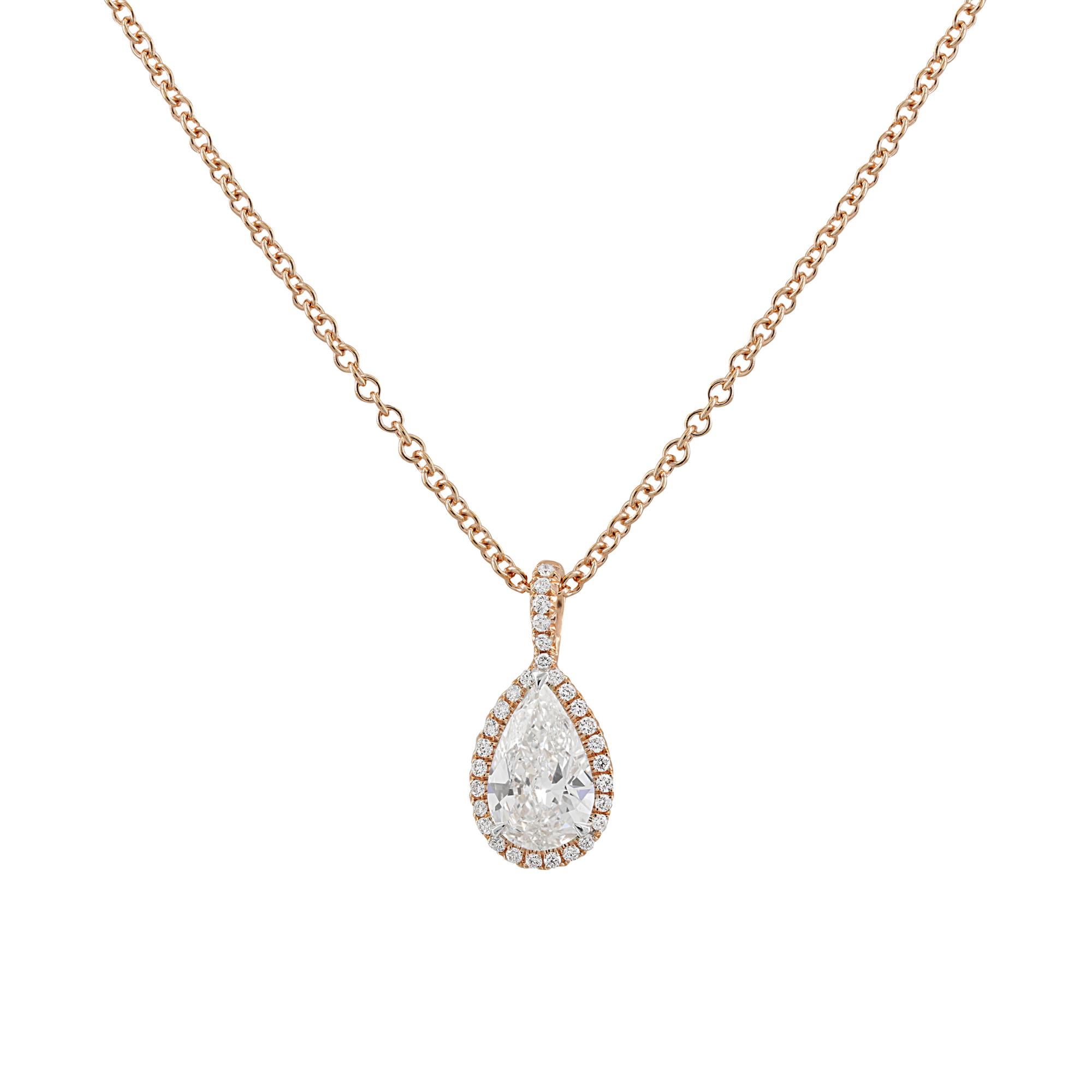 London Collection 18k Rose Gold Pear Shape Diamond Halo Pendant Necklace