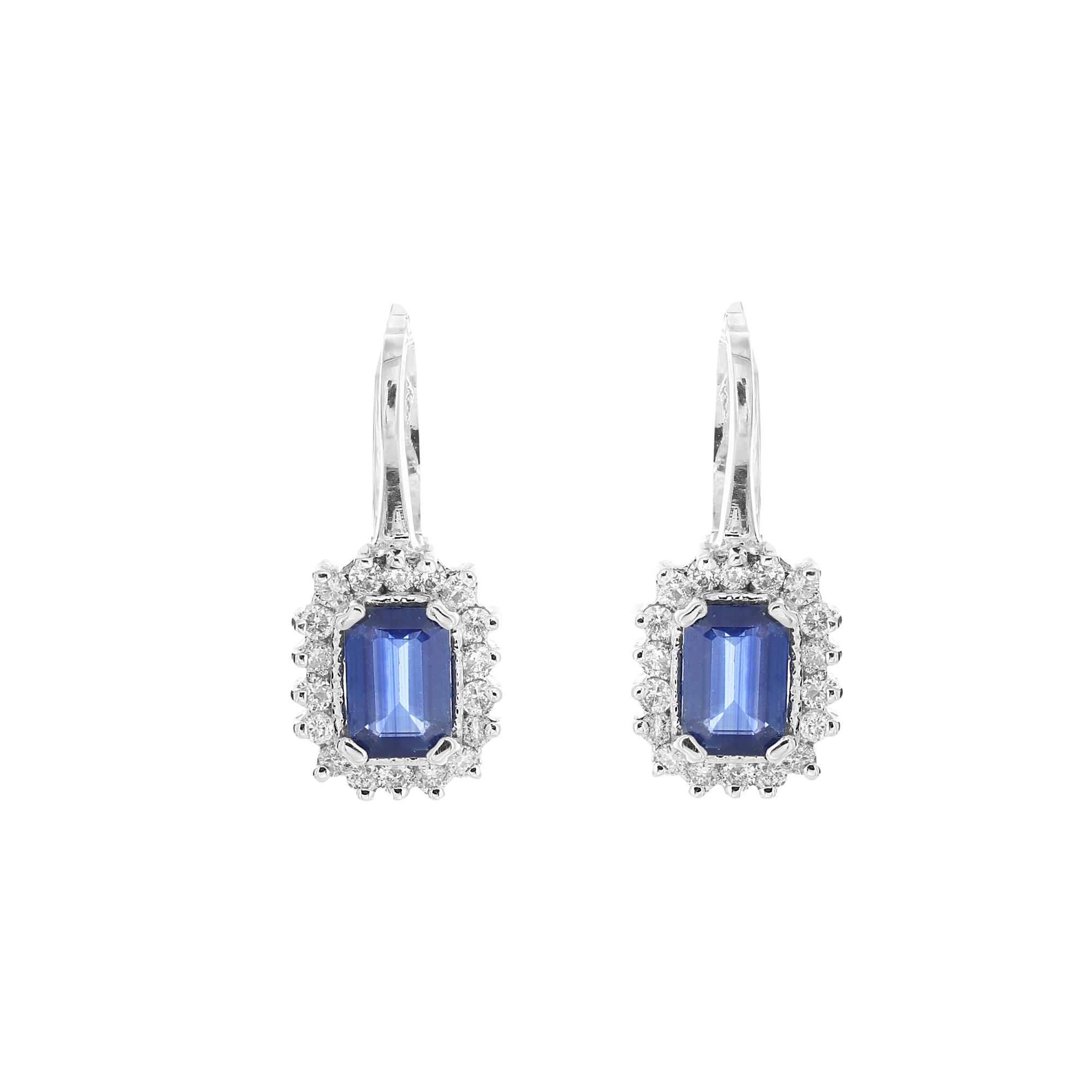 London Collection 14k White Gold Diamond Blue Sapphire Drop Earrings