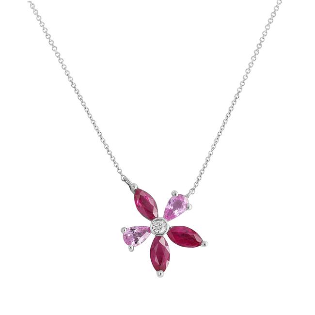 London Collection 14k White Gold Diamond Ruby and Pink Sapphire Flower Necklace