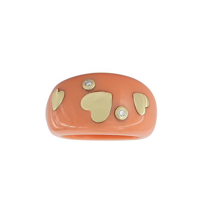 London Collection 18k Yellow Gold Diamond Peach Coral Heart Dome Ring Size 6