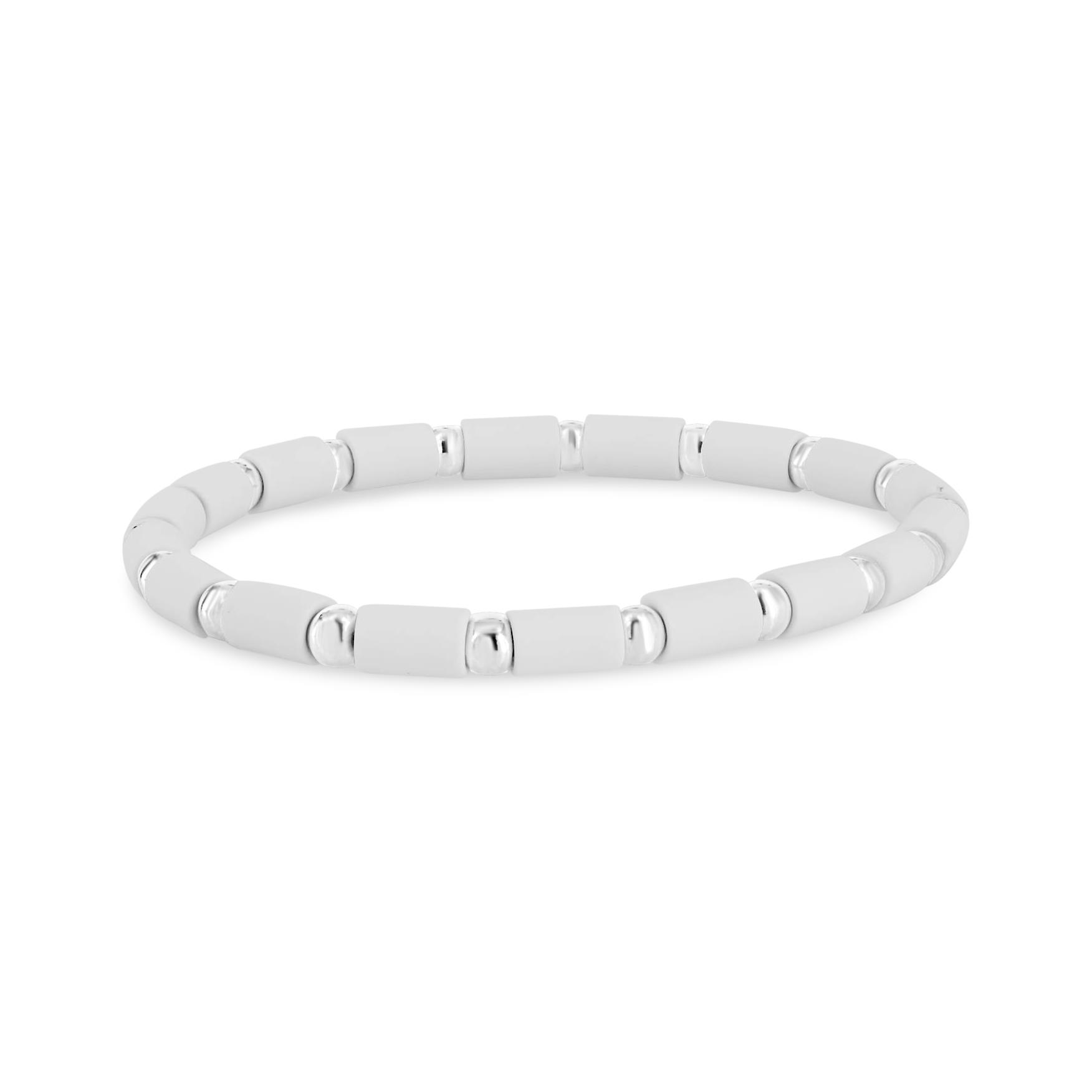 London Collection 18k White Gold 4mm White Agate Tube Stretch Bracelet