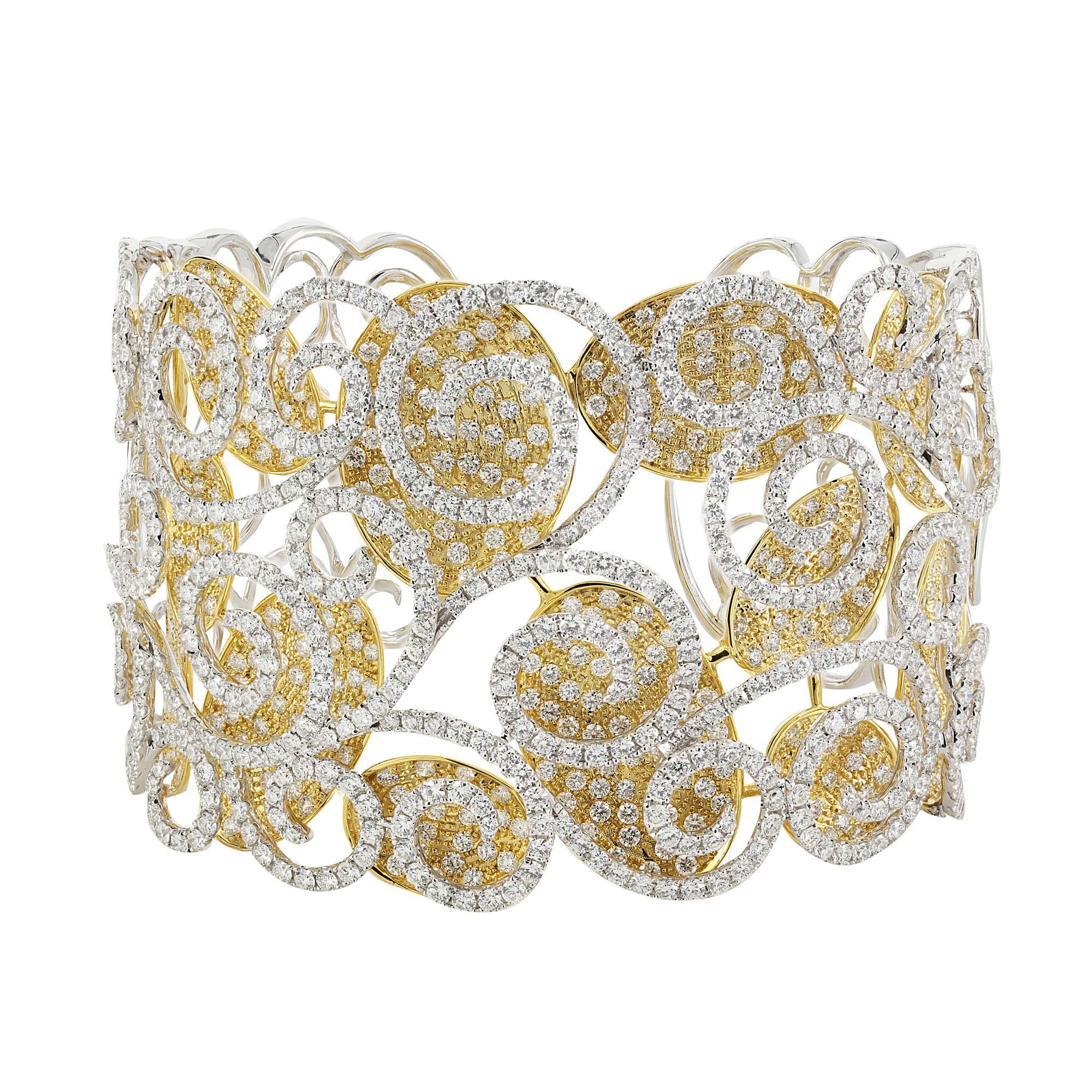 London Collection 18k White and Yellow Gold Diamond Swirl Layered Hinged Bracelet