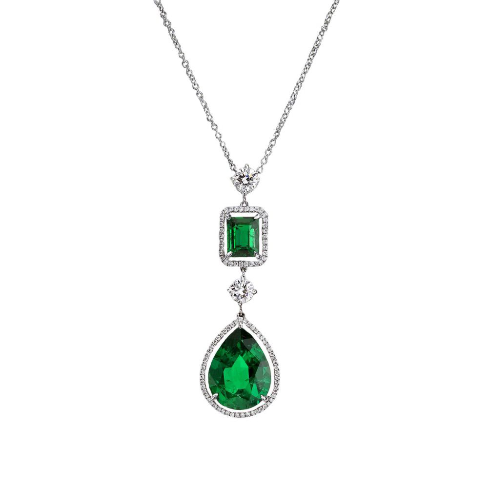 London Collection Platinum Green Emerald and Diamond Drop Pendant Necklace