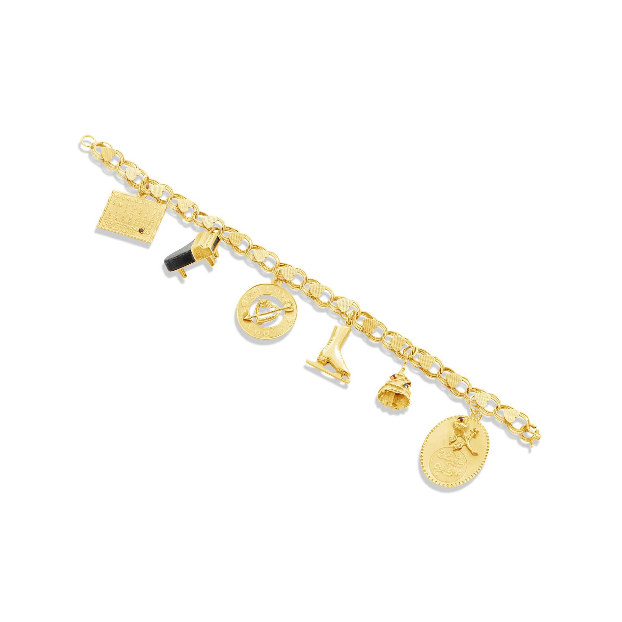London Collection 14k Yellow Gold Vintage Heart 6 Charm Bracelet