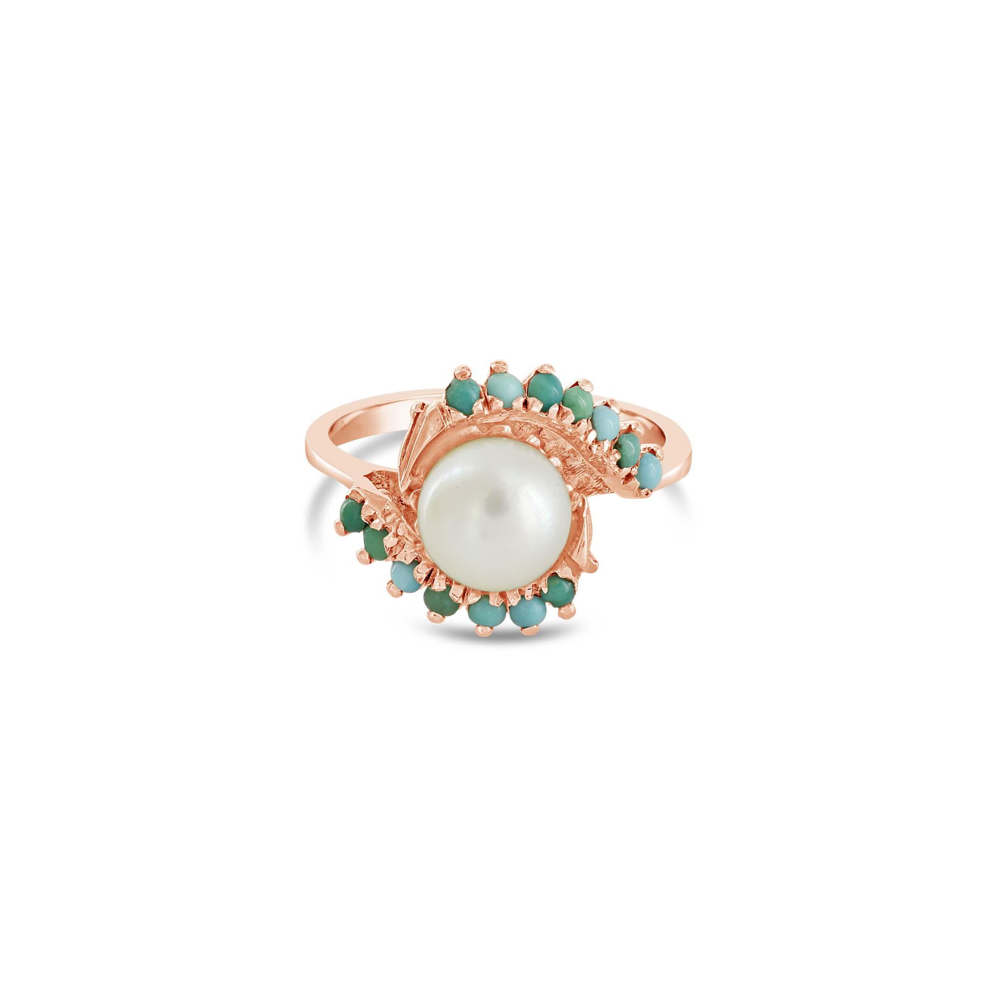 London Collection 14k Yellow Gold Vintage Pearl and Turquoise Ring