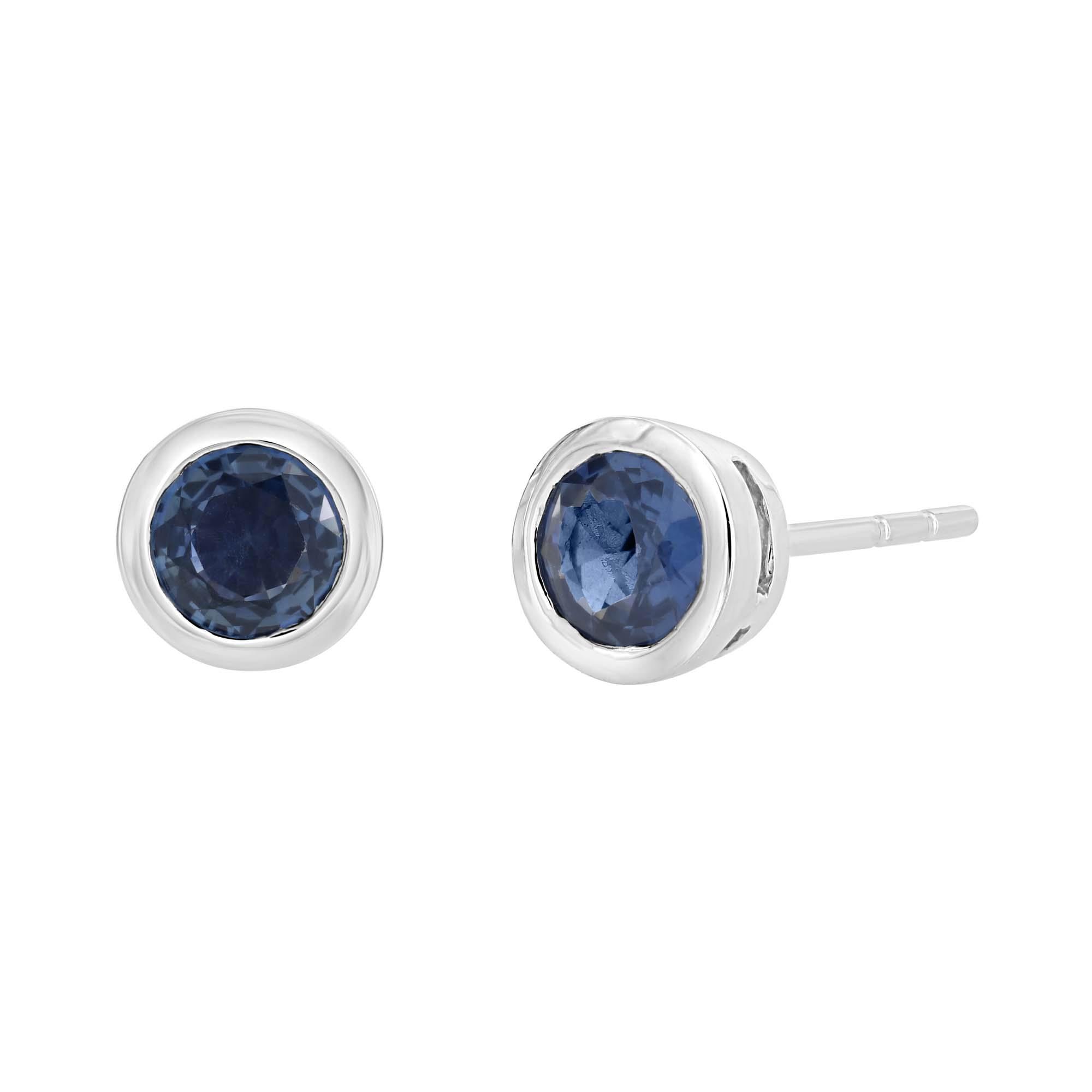London Collection 14k White Gold Round Blue Sapphire Stud Earrings