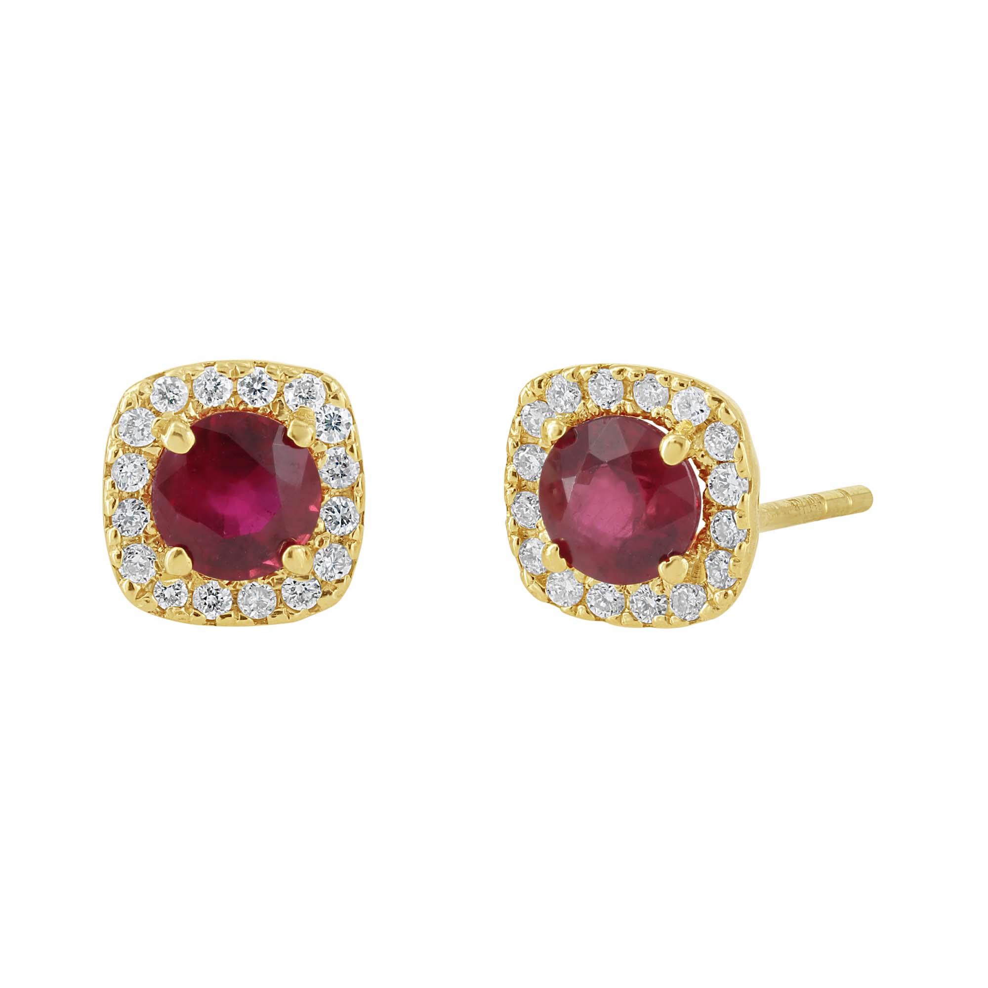 London Collection 14k Yellow Gold Round Ruby and Diamond Halo Stud Earrings