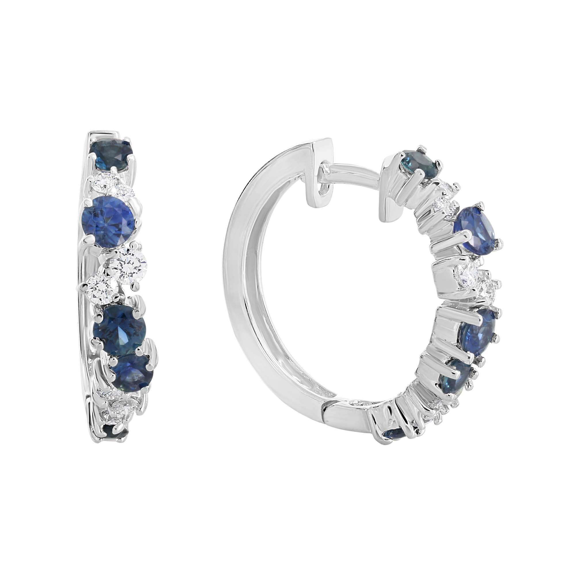 London Collection 14k White Gold Alternating Diamond and Blue Sapphire Hoop Earrings