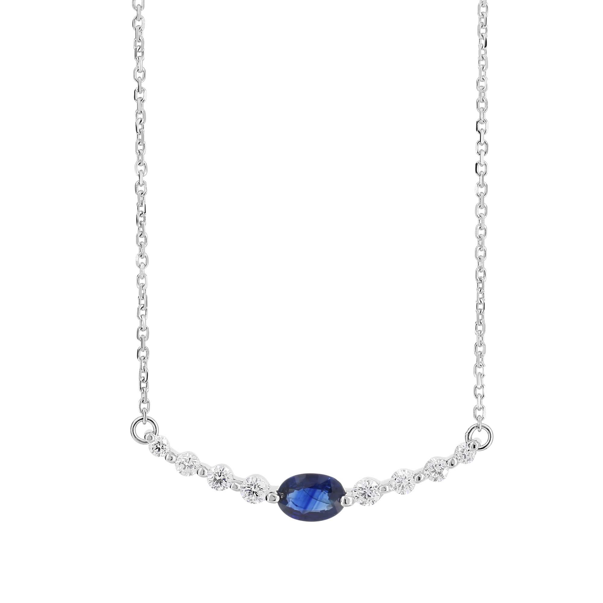 London Collection 14k Oval Blue Sapphire and Diamond Curved Bar Necklace