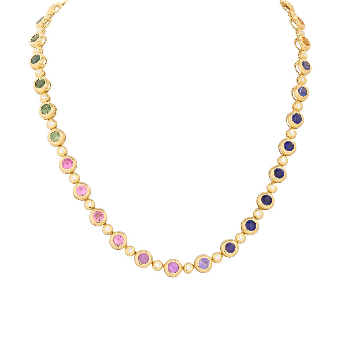 London Collection 14k Yellow Gold Mixed Sapphire & Diamond Bezel Tennis Necklace