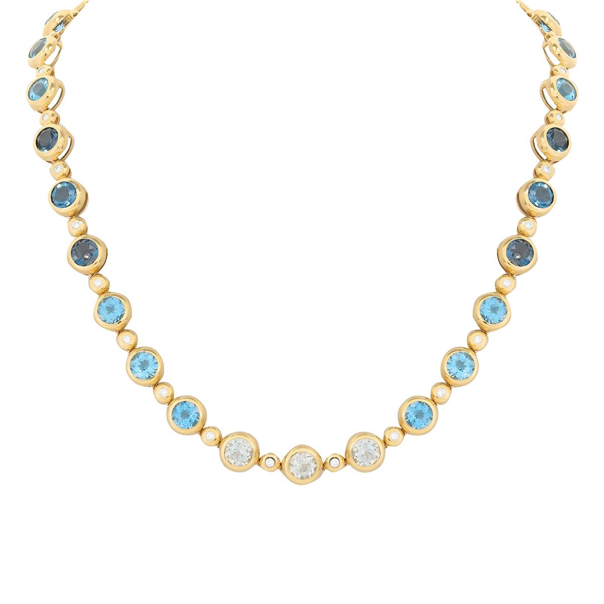 London Collection 14k Yellow Gold Blue Topaz & Diamond Bezel Set Necklace 