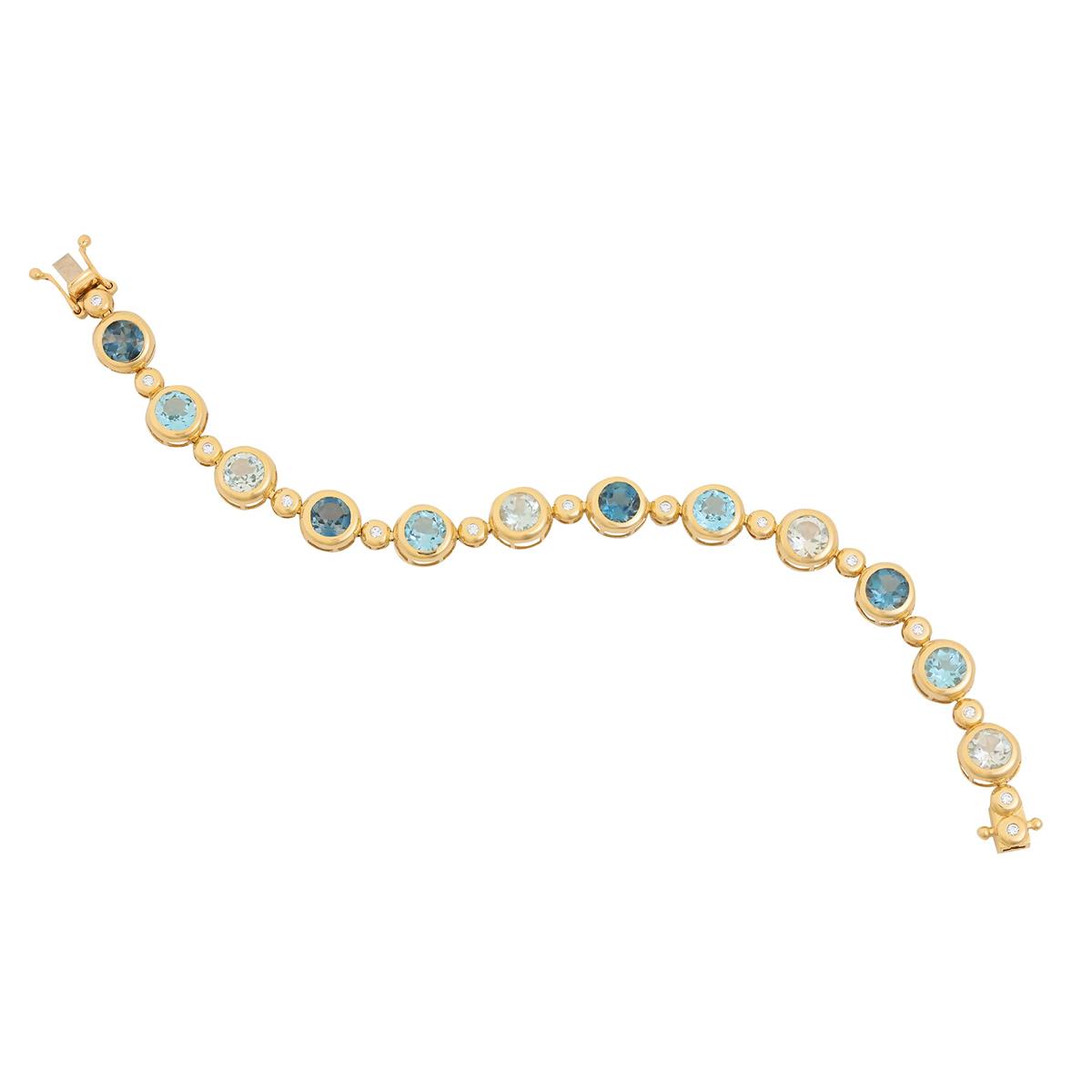 London Collection 14k Yellow Gold Blue Topaz & diamond Bezel Set Tennis Bracelet