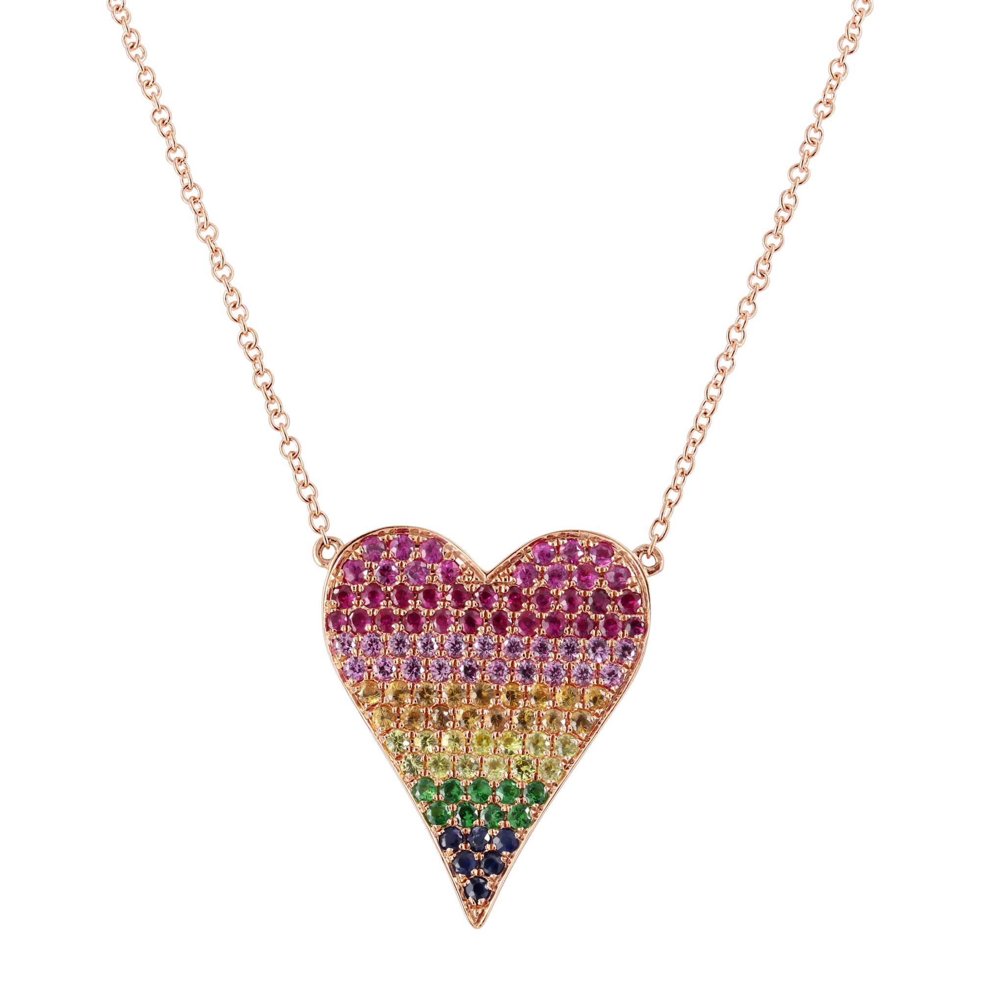 London Collection 14k Rose Gold Multi Color Stone Rainbow Ombre Heart Necklace