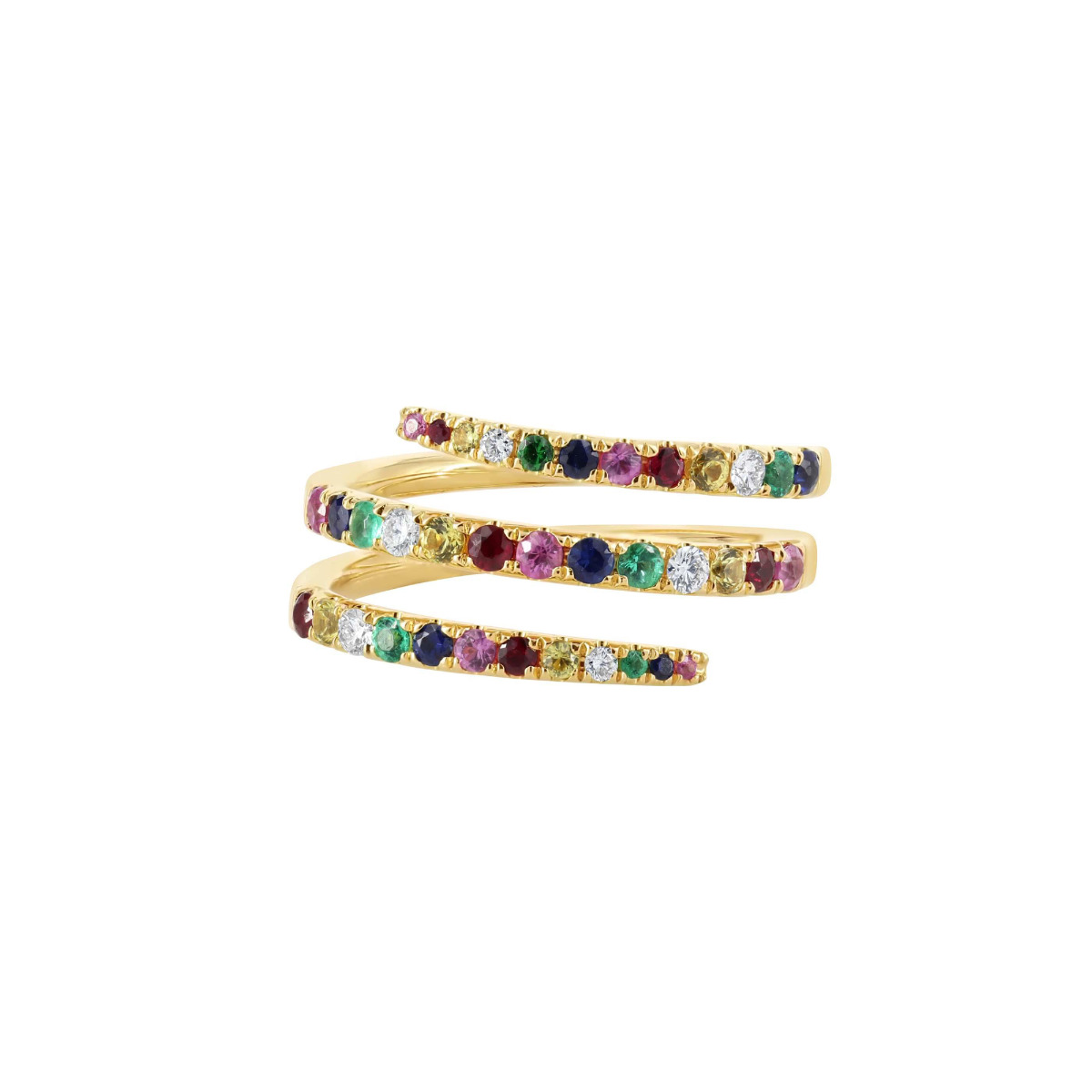 London Collection 14k Yellow Gold 3 Row Multi Color Stone Spiral Ring