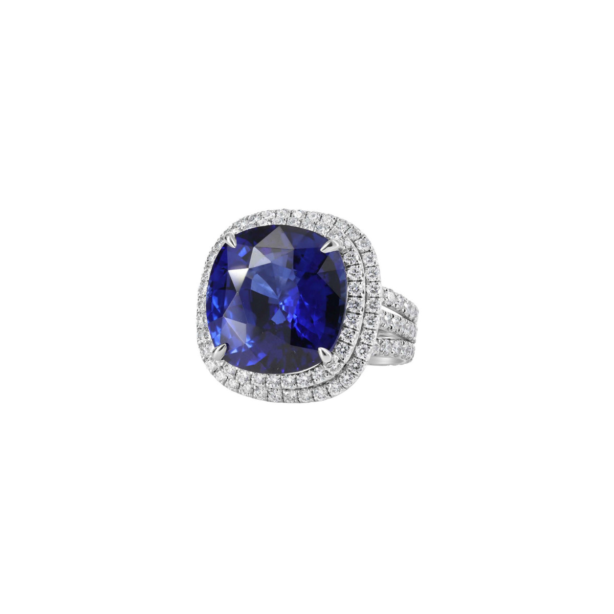 London Collection Platinum Cushion Blue Sapphire and Diamond Triple Band Ring