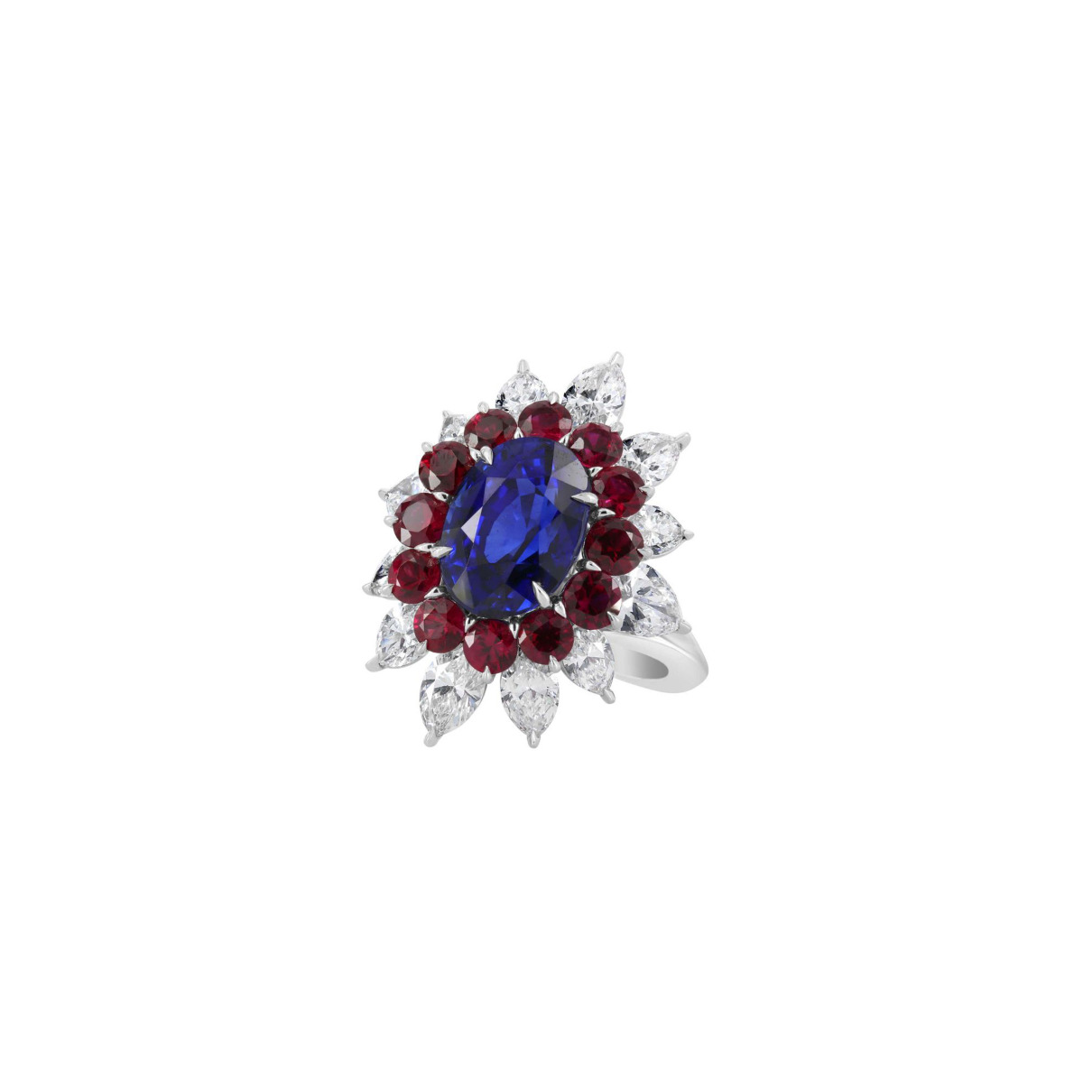 London Collection Platinum Diamond Sapphire and Ruby Flower Ring