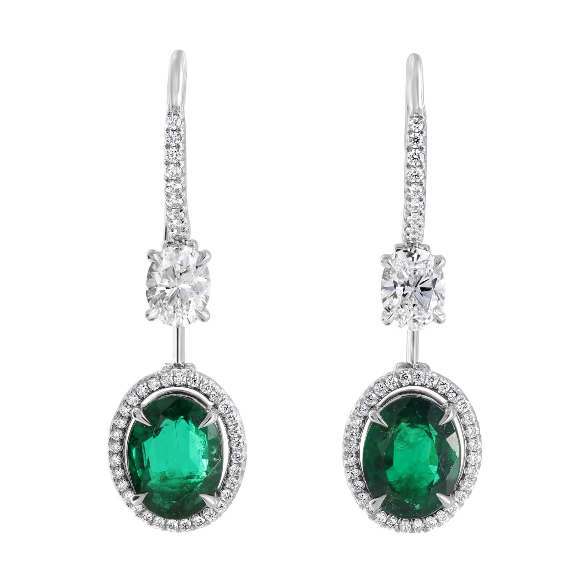 London Collection Platinum Green Emerald and Diamond Drop Earrings