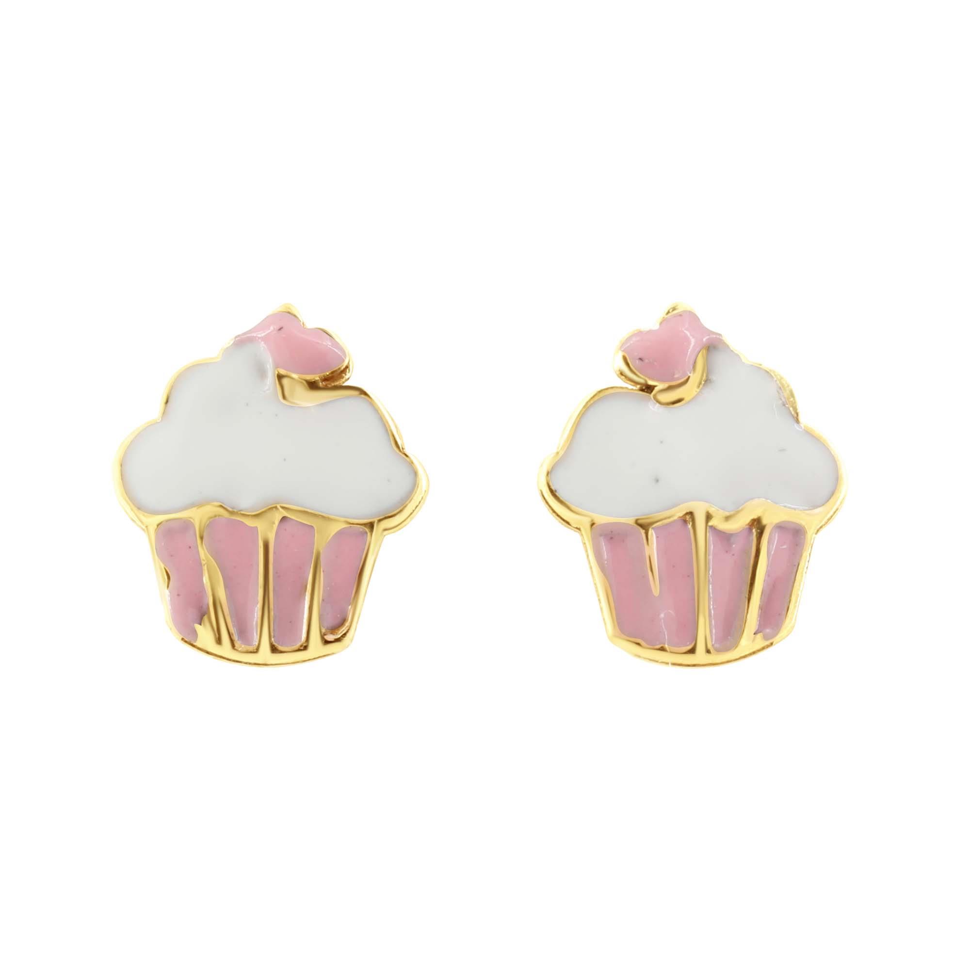 London Collection 14k Yellow Gold Pink and White Enamel Cupcake Stud Earrings