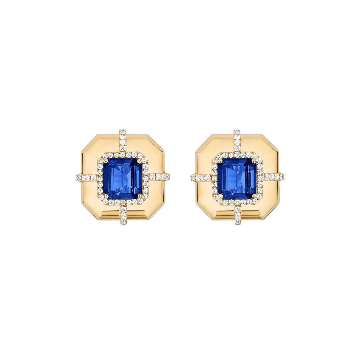 Goshwara G-Classics 18k Yellow Gold London Blue Topaz Medallion Stud Earrings