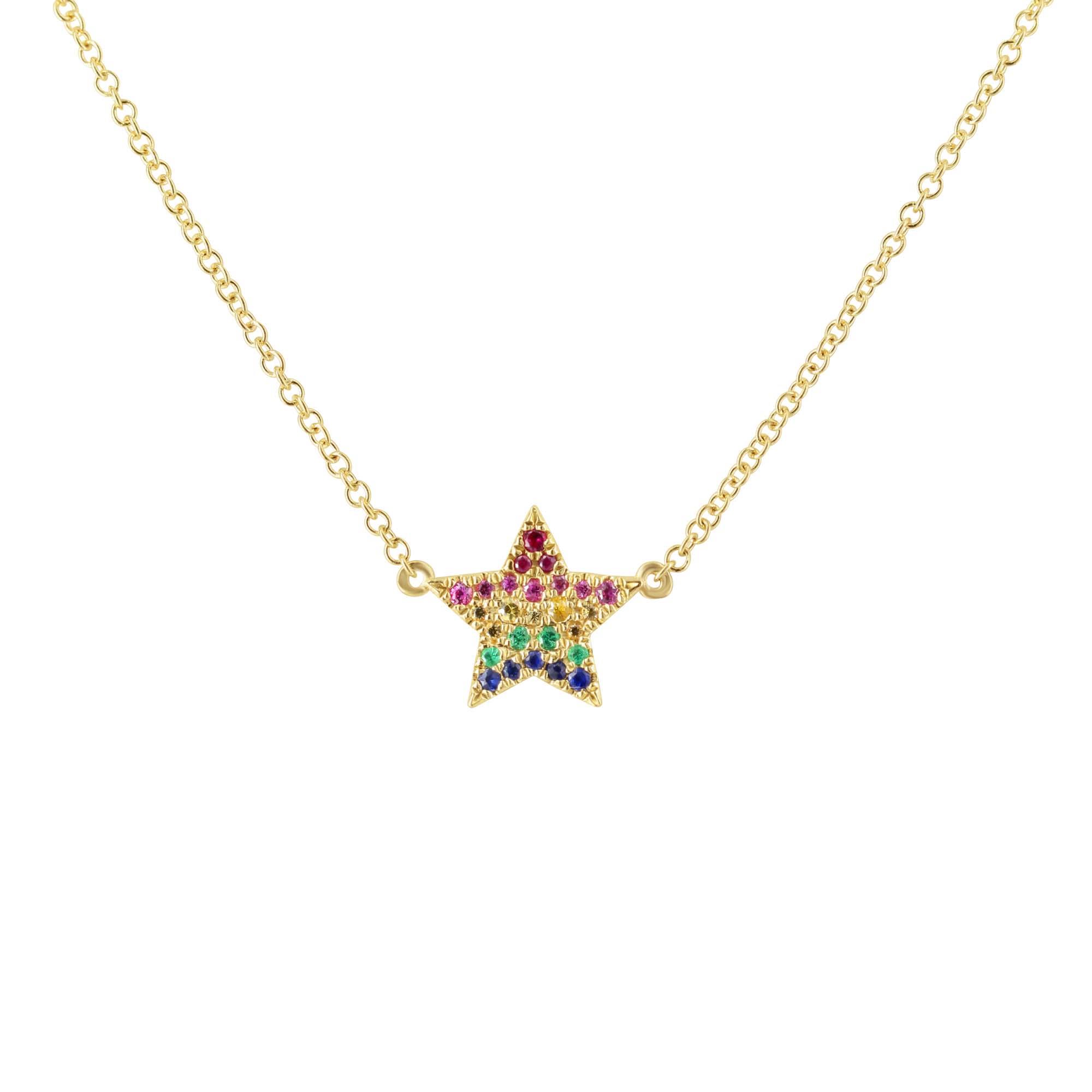 London Collection 14k Yellow Gold Multi Color Stone Rainbow Ombre Star Necklace
