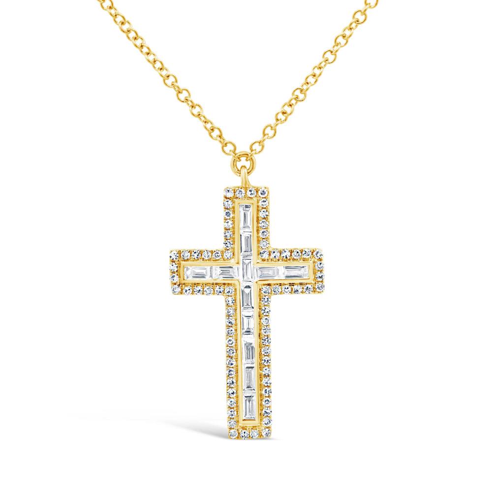 London Collection Yellow Gold Baguette and Round Diamond Cross Pendant Necklace