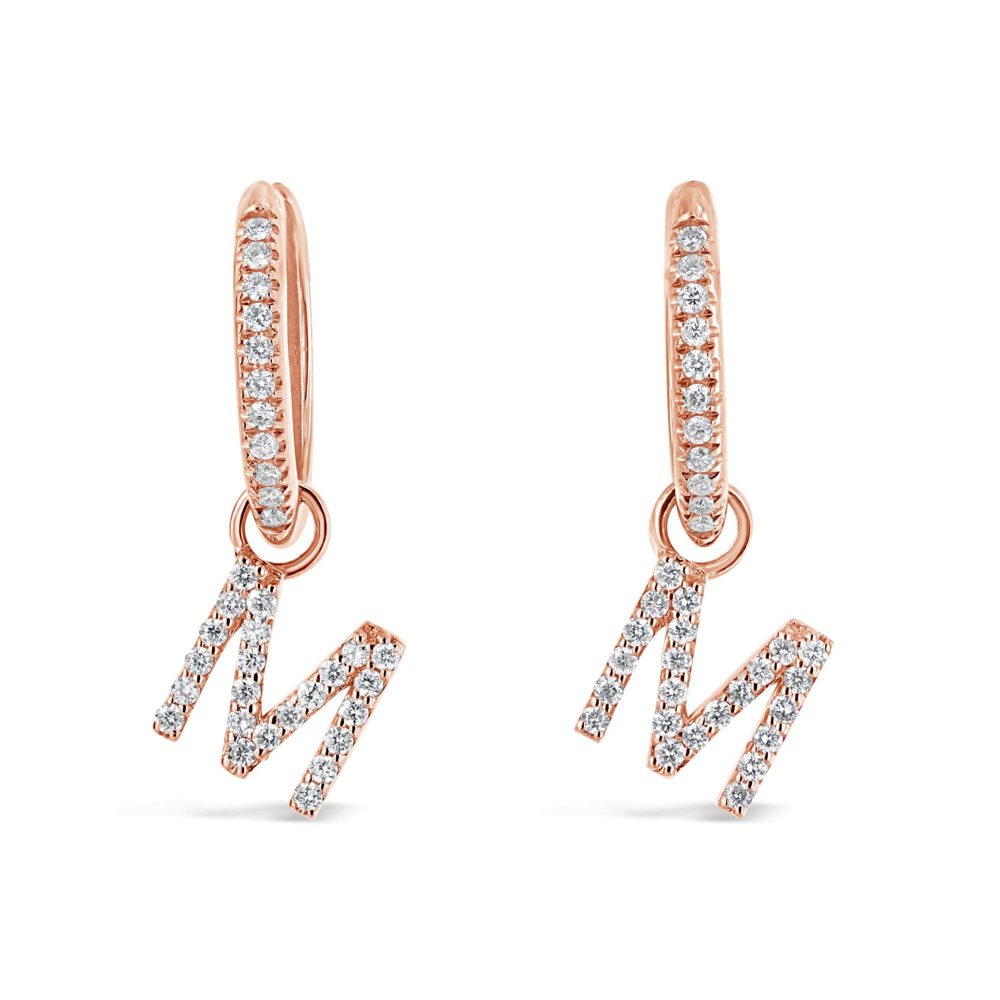 London Collection 18k Rose Gold Diamond Hoop with Initial M Drop Earrings