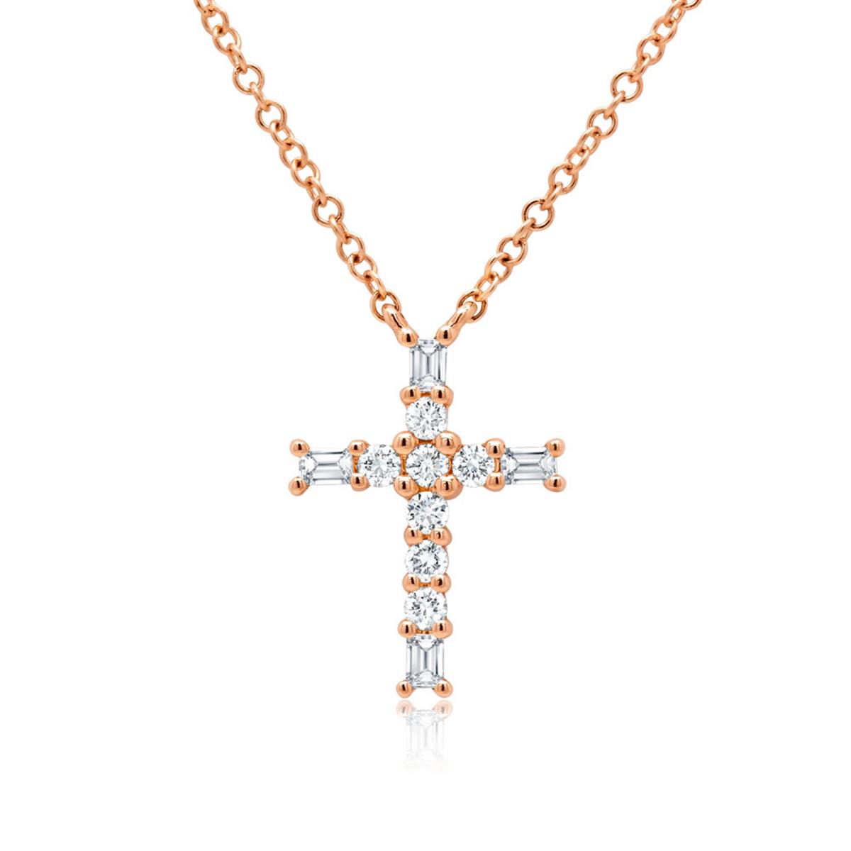 London Collection 14k Rose Gold Baguette and Round Diamond Cross Pendant