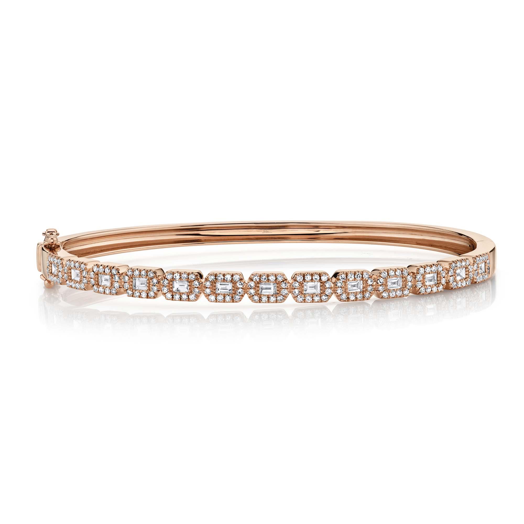 London Collection 14k Rose Gold Diamond Round and Baguette Halo Bangle Bracelet