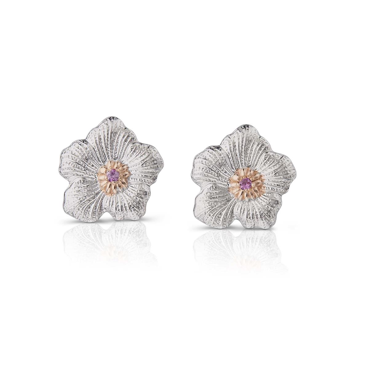 Buccellati Blossoms Sterling Silver Pink Sapphire Flower Stud Earrings 