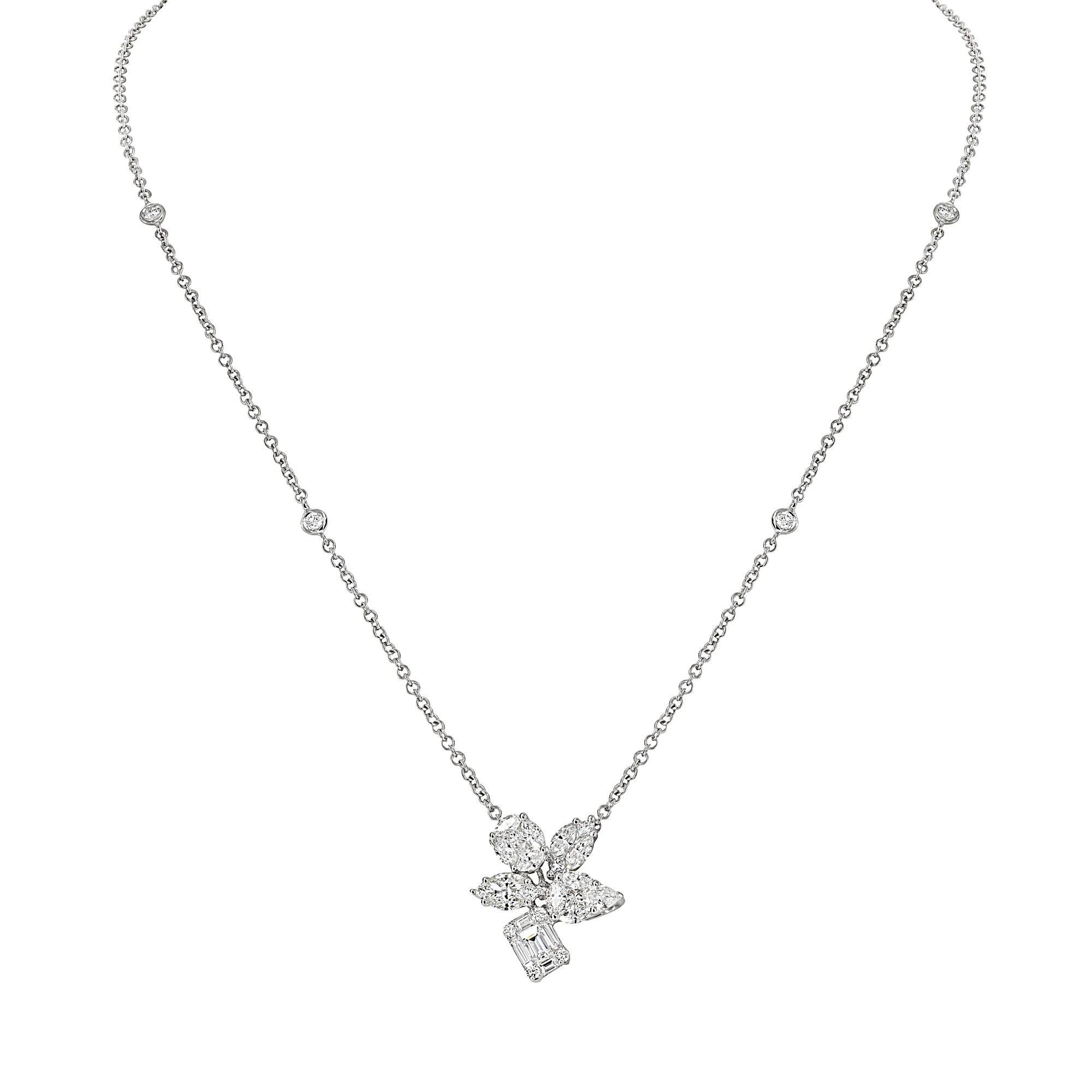 London Collection 18k White Gold Cluster Diamond Drop Necklace