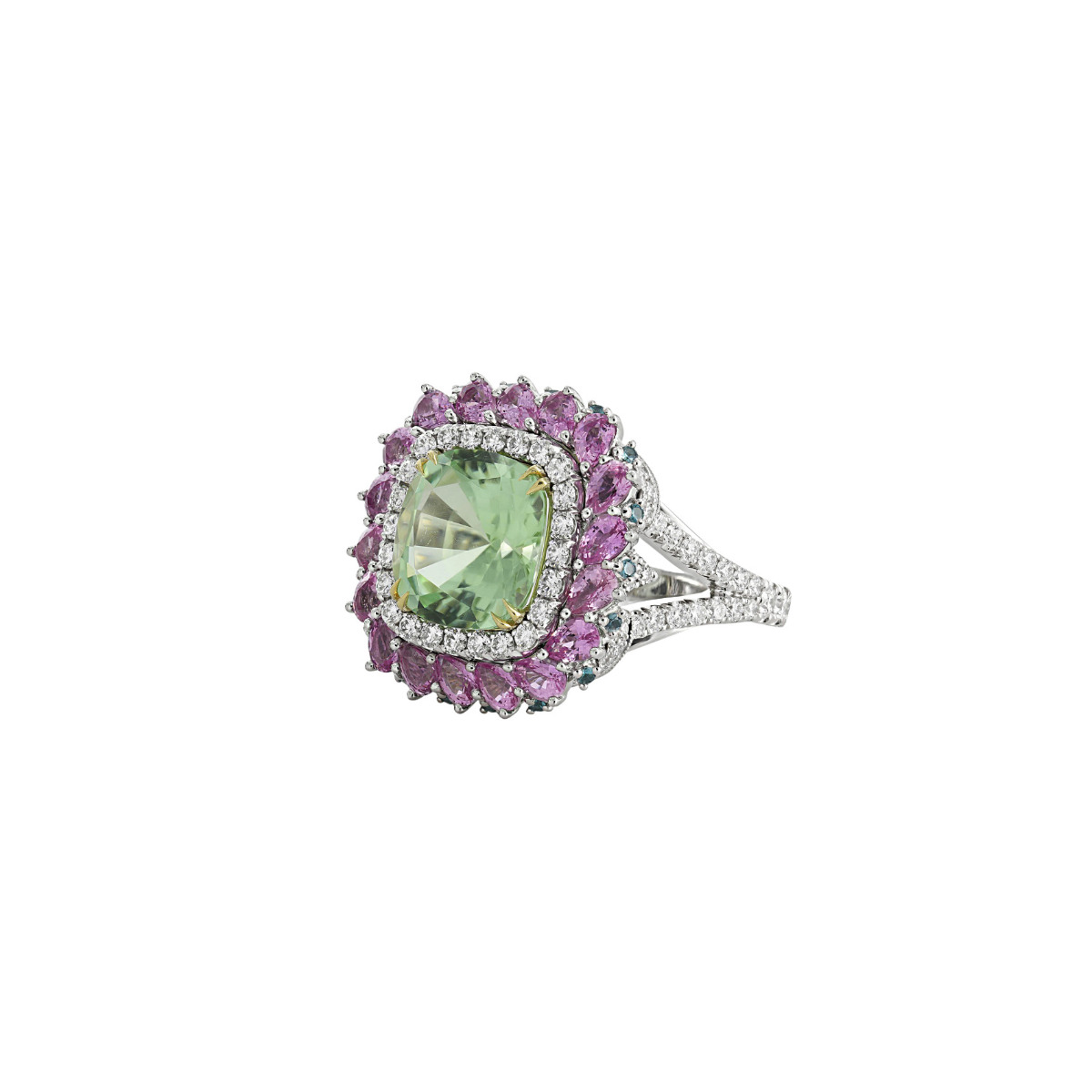 London Collection Platinum Mint Tourmaline Pink Sapphire Grandiderite and Pave Diamond Cocktail Ring