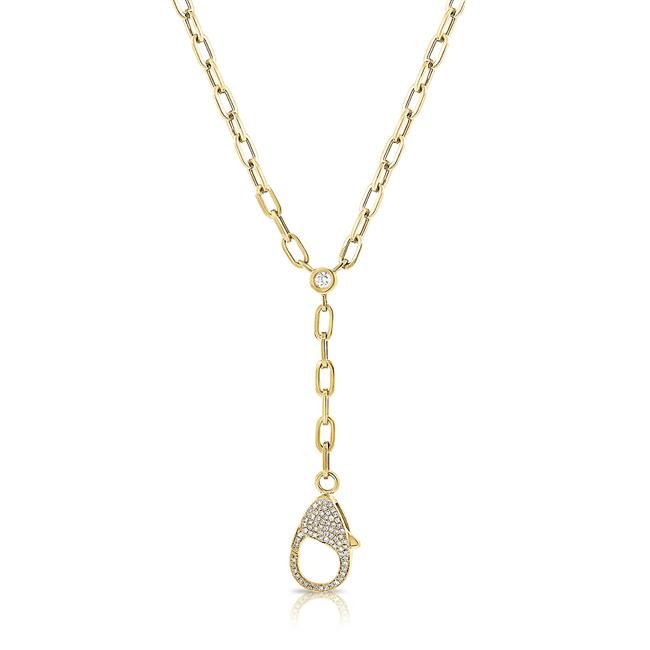London Collection 14k Gold Lariat Necklace with Pave Diamond Lobster Claw Charm
