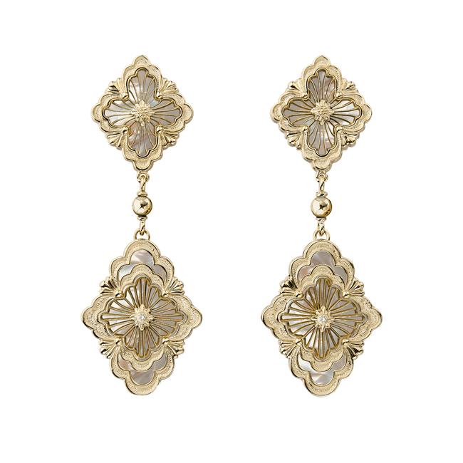 Buccellati Opera Tulle 18k Yellow Gold Mother of Pearl Diamond Pendant Earrings