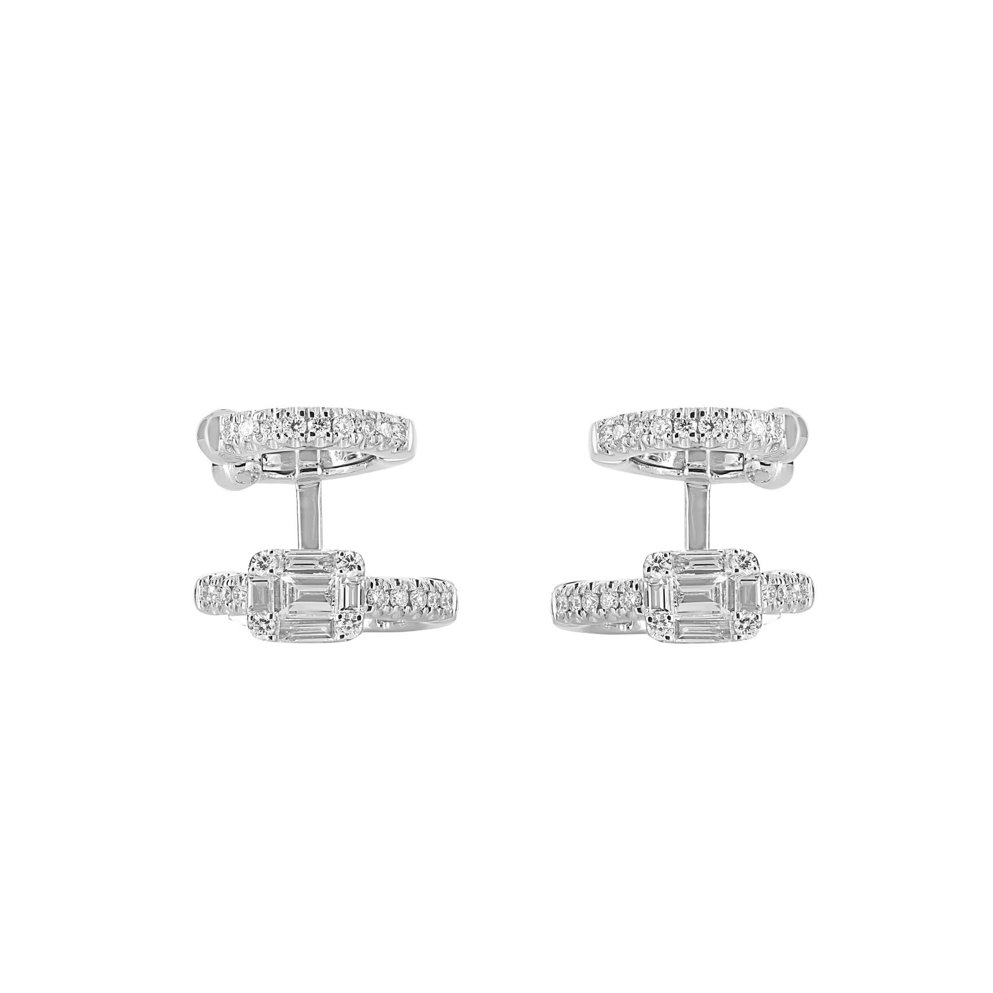 London Collection 18K White Gold Round and Emerald Shape Diamond Huggie Earrings