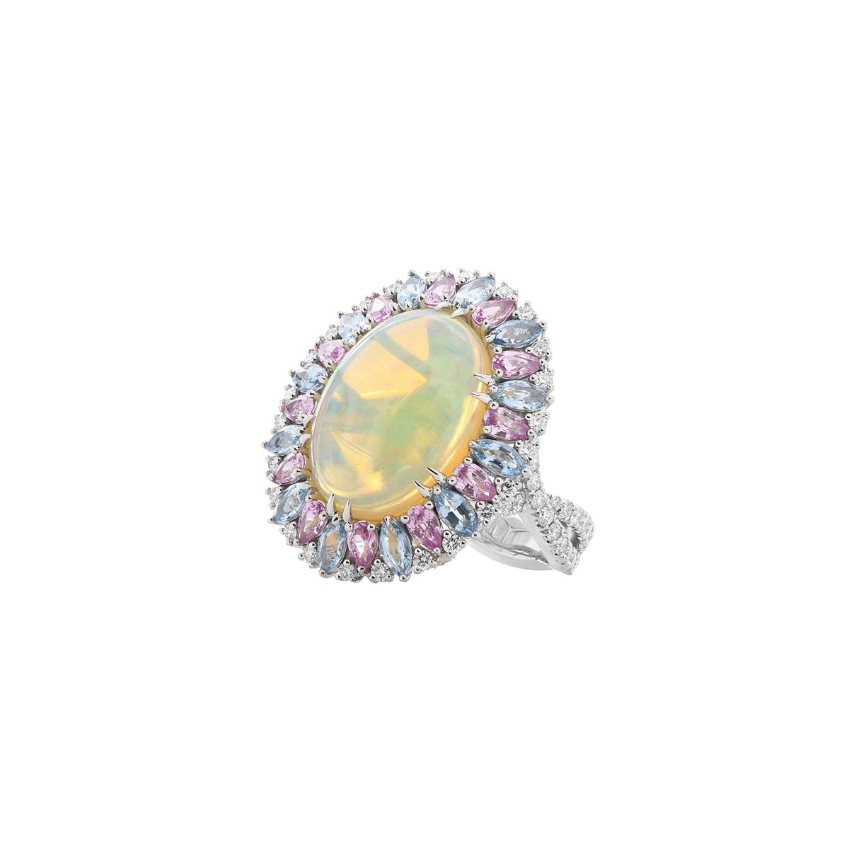 London Collection Platinum Opal Pink Sapphire Aquamarine and Diamond Ring