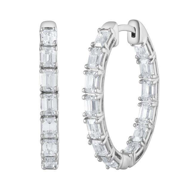 London Collection 14k White Gold Emerald Diamond Oval Hoop Earrings 3/4"