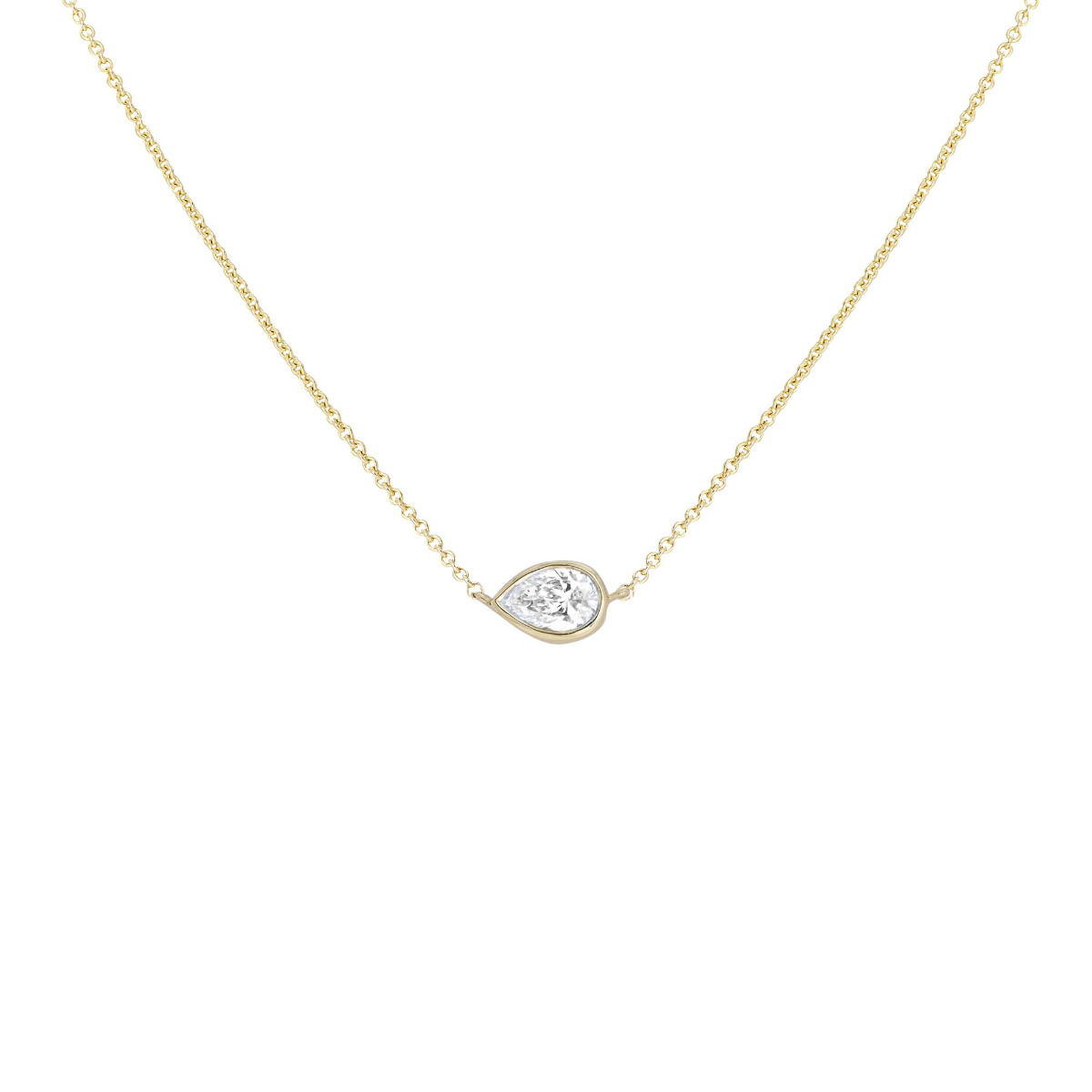 London Collection 14k Yellow Gold East West Bezel Set Pear Shaped Diamond Pendant Necklace 1.02cts