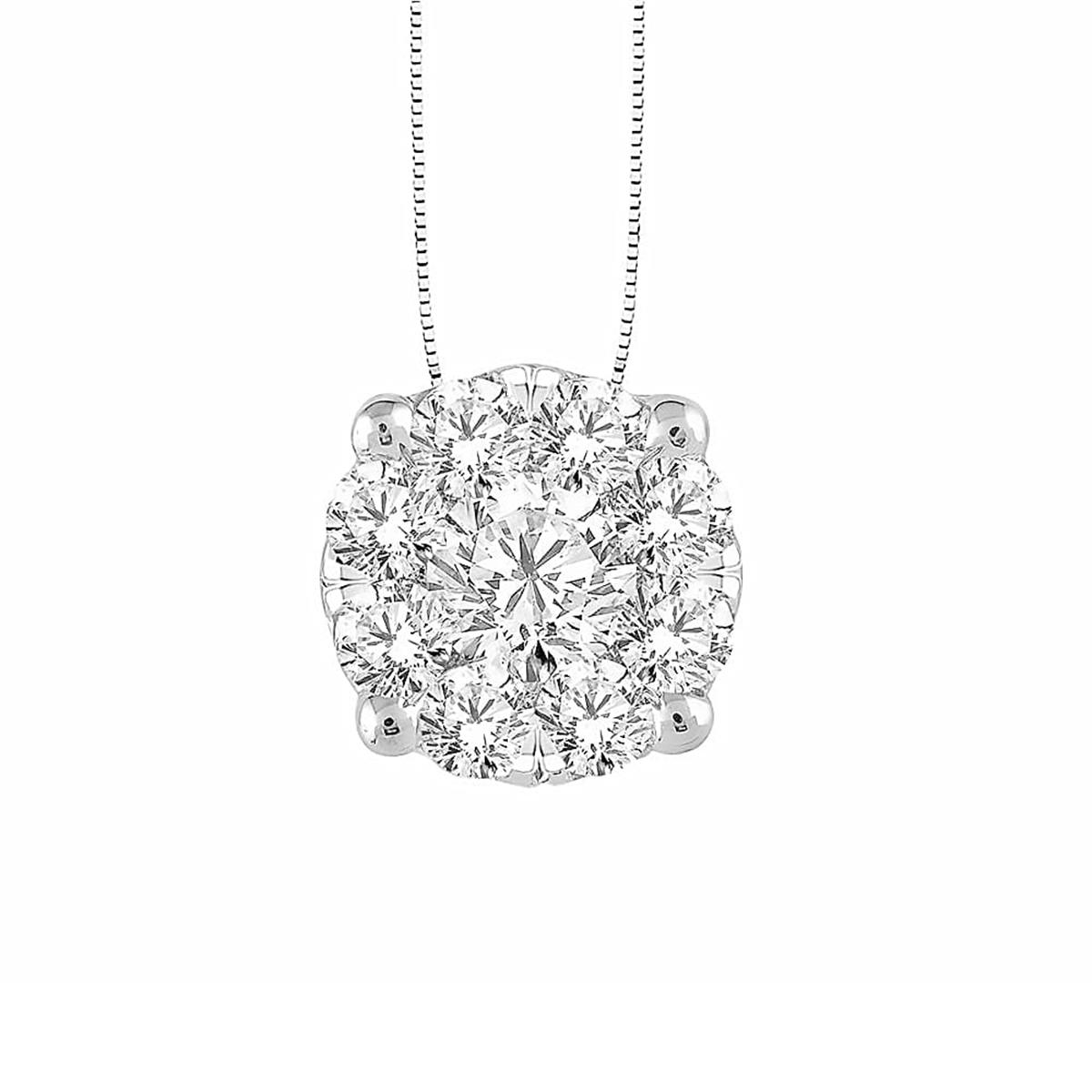 Two pendants, one iconic look. One features a single round diamond, the other is composed of multiple diamonds carefully set to appear as one—same style you love, thoughtfully designed for value. 