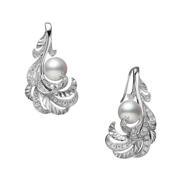 Mikimoto Feather Collection 18k White Gold Akoya Cultured Pearl and Diamond Earrings